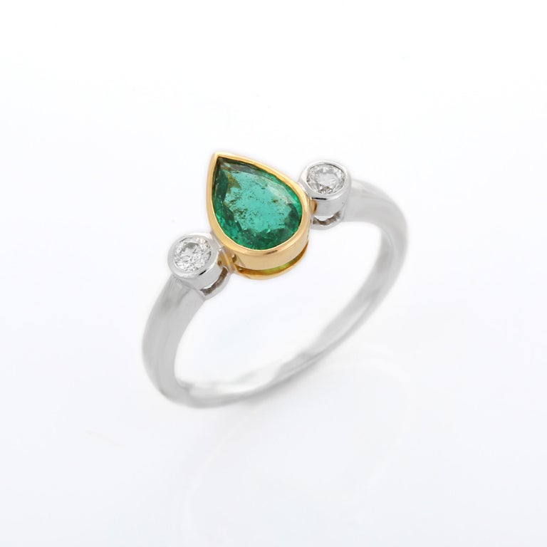 For Sale:  1.15 Carat Pear Shaped Emerald and Diamond Engagement Ring in 18K White Gold  8