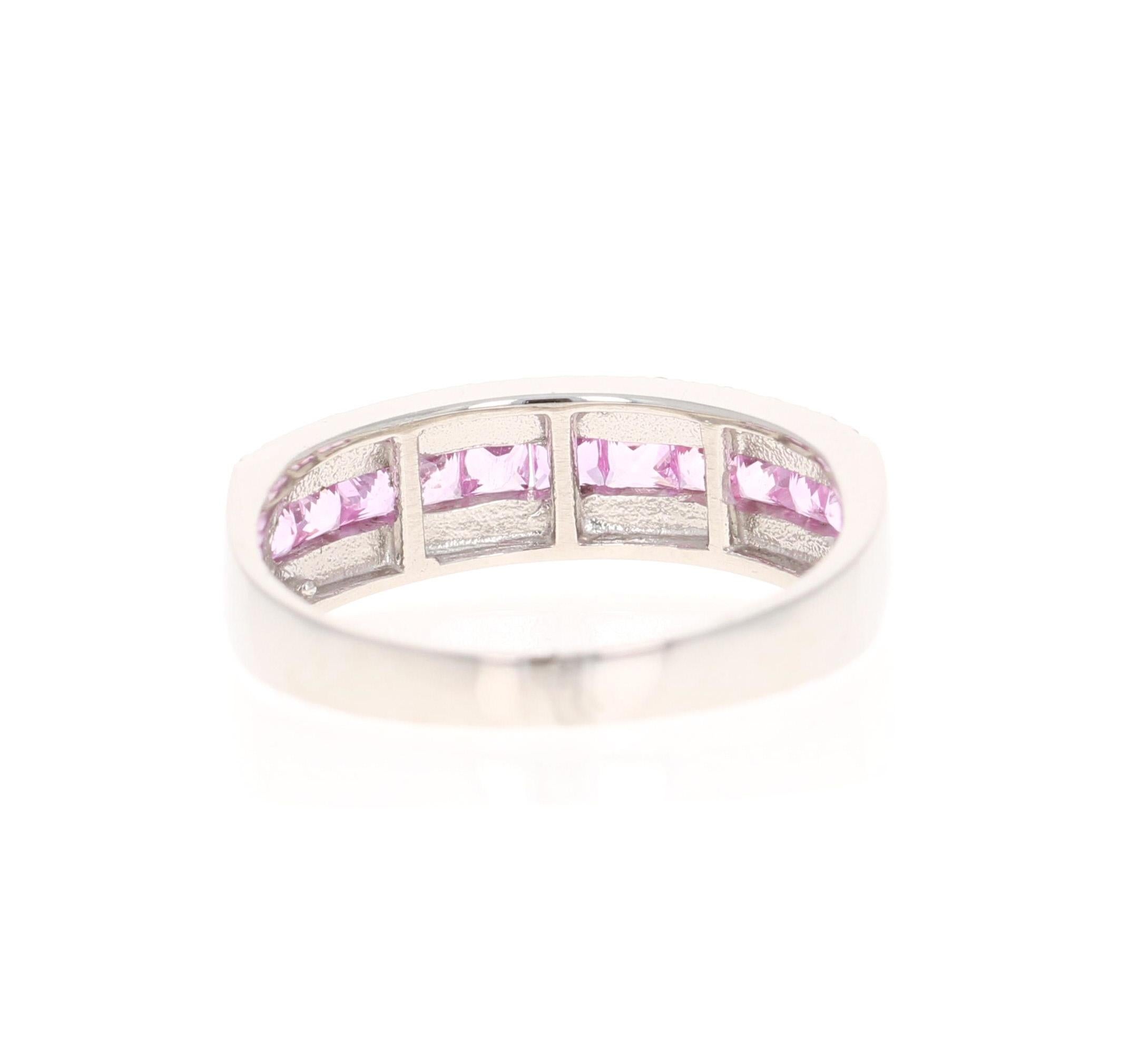 Princess Cut 1.15 Carat Pink Sapphire Diamond White Gold Band For Sale