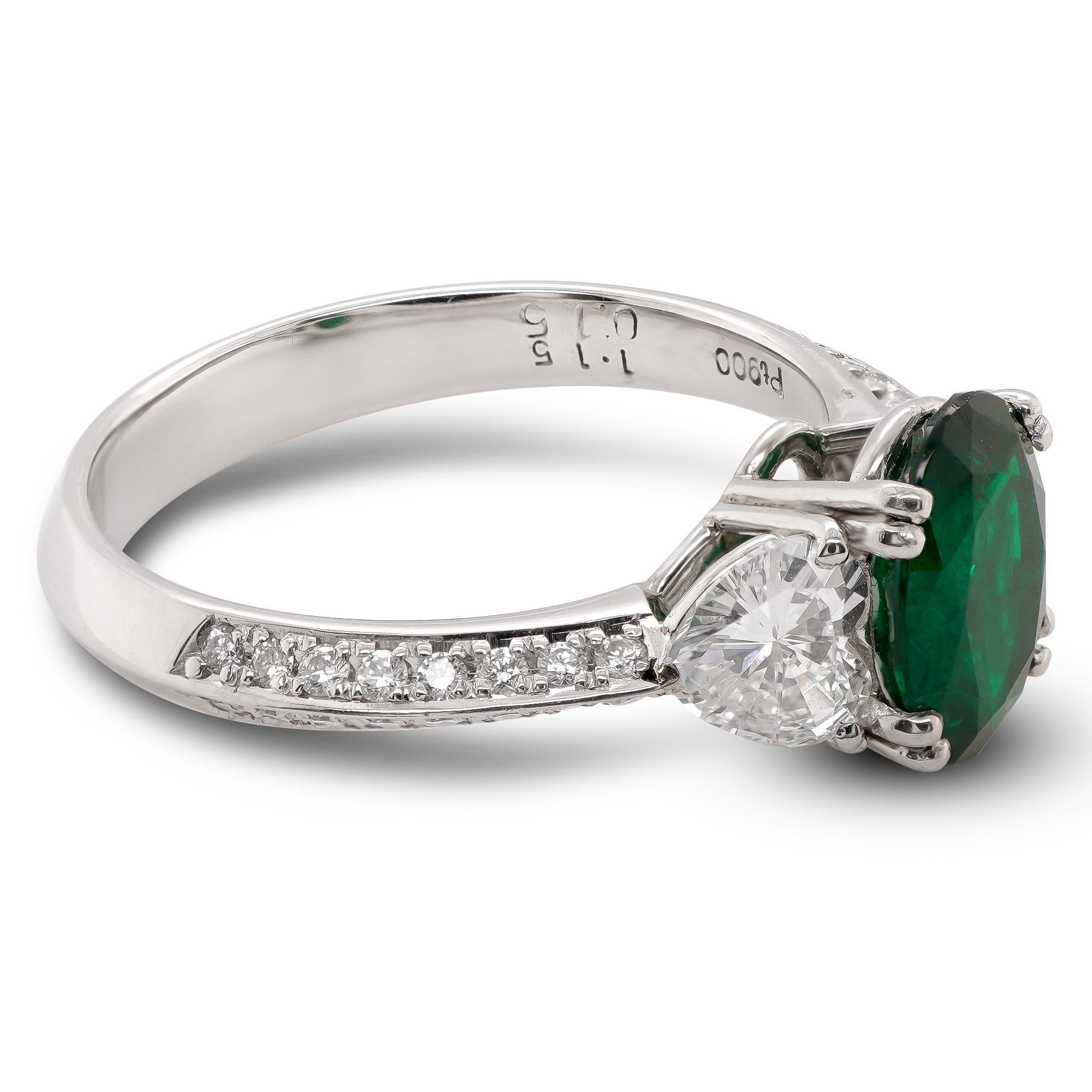 A rare 1.15 IGI Certified Vivid Green Emerald from Tanzania is set along with 0.84 carats of white diamond. The ring is certified by IGI and the emerald has Minor oil.

The details of the diamond are mentioned below:
Color: F
Clarity: Vs
