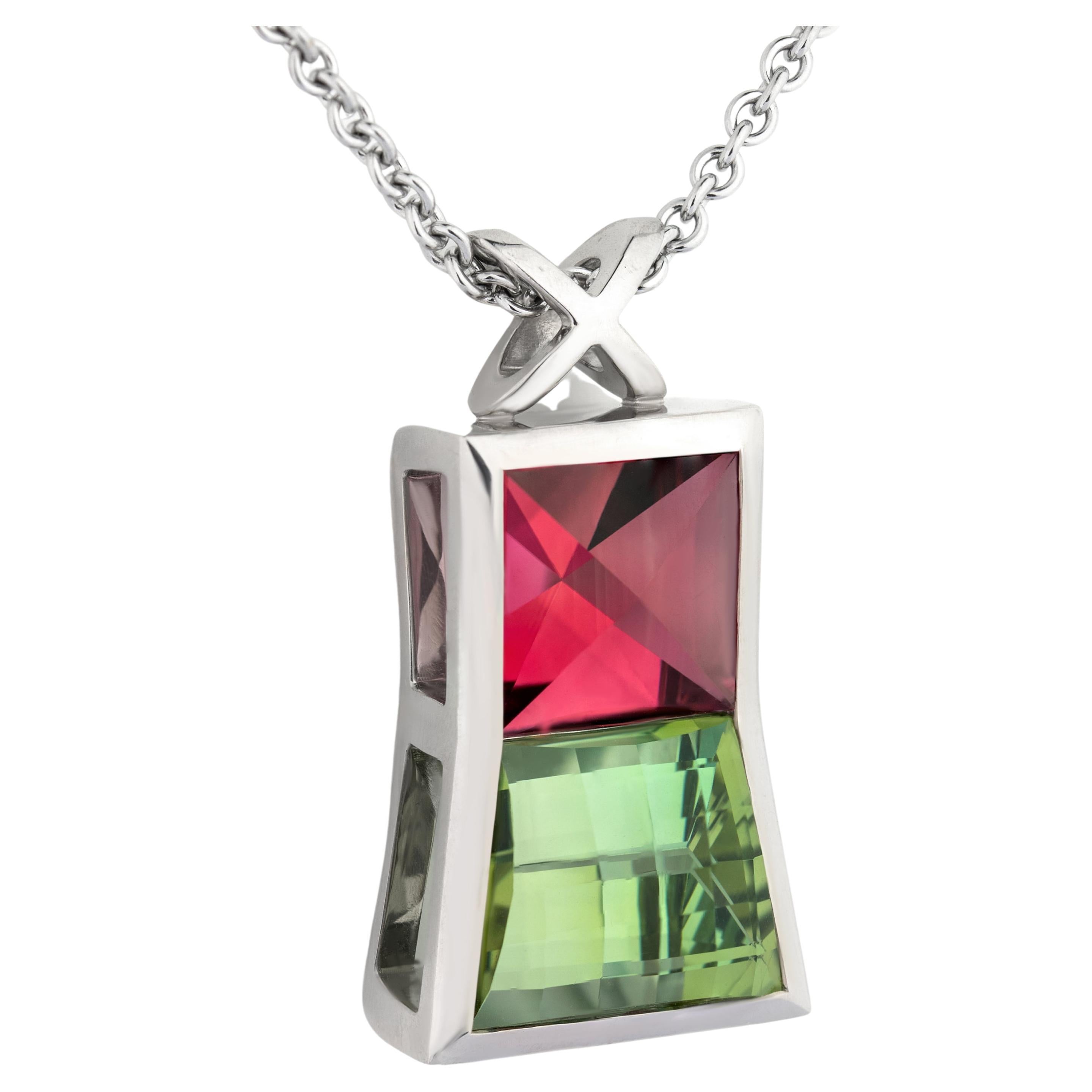 11.5 Carat Red-Pink Tourmaline Ca. 14 Carat Green Tourmaline White Gold Necklace For Sale