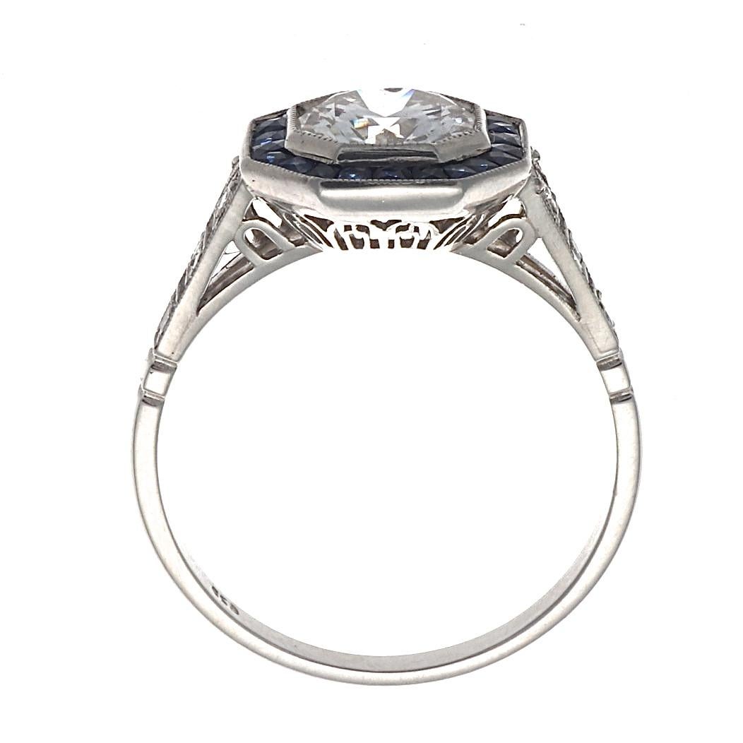 Art Deco 1.15 Carat Round Brilliant Cut Diamond Sapphire Platinum Engagement Ring