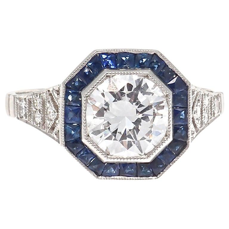 1.15 Carat Round Brilliant Cut Diamond Sapphire Platinum Engagement Ring