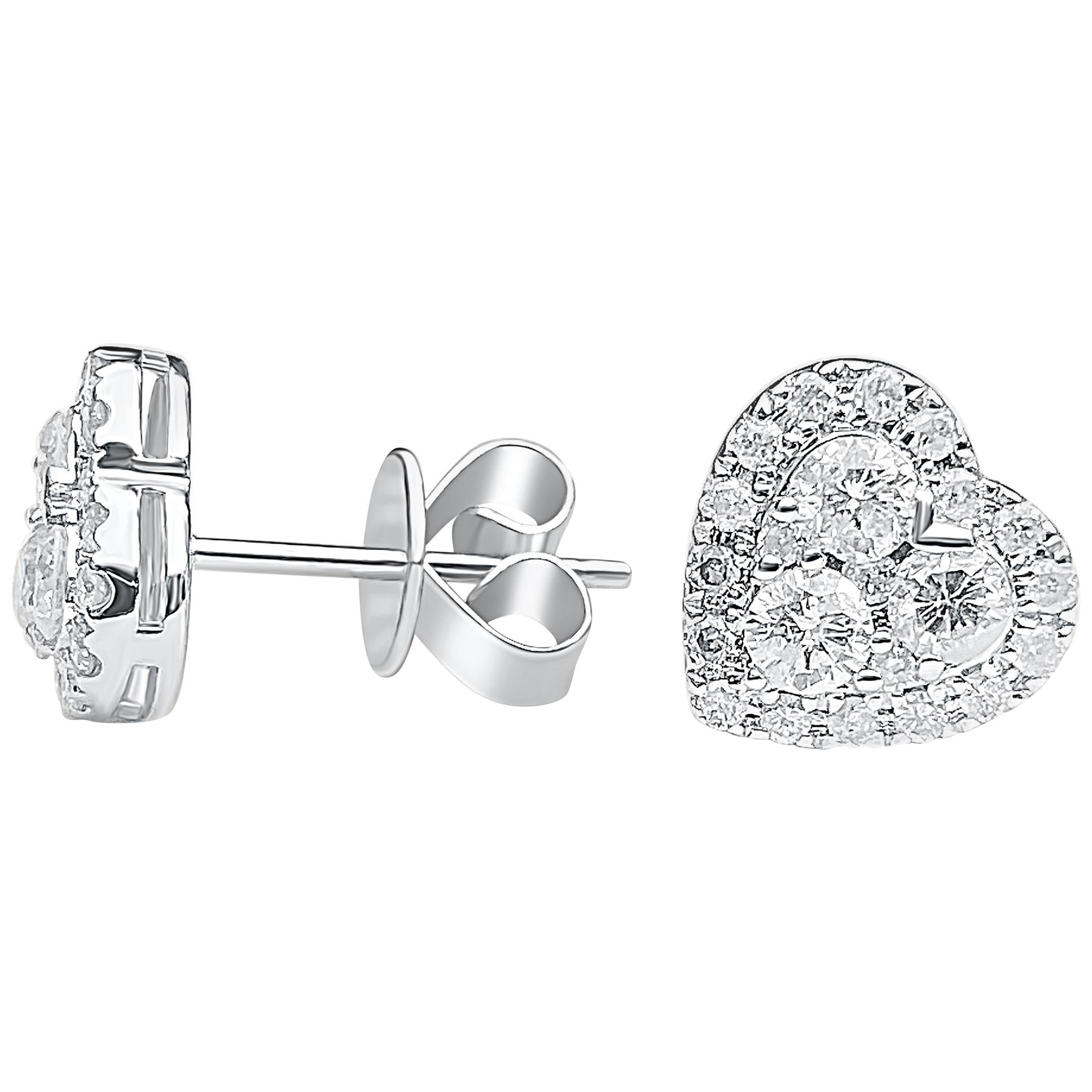 1.15 Carat Round-Brilliant Cut Diamonds "Heart" Design 18 Karat Stud Earrings For Sale