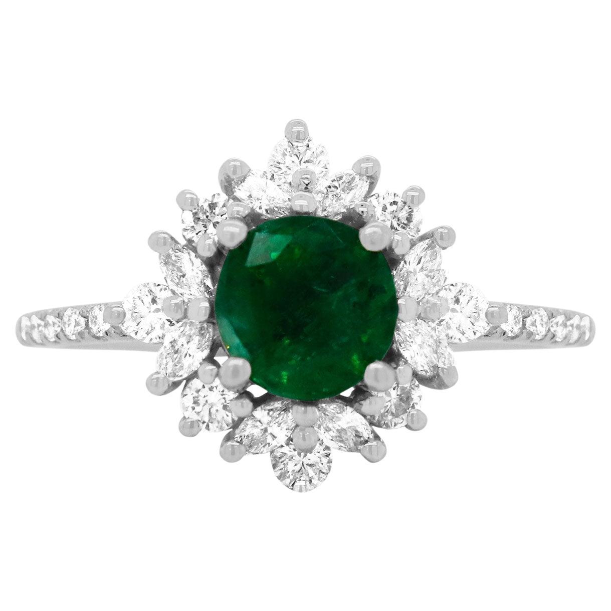 1.15 Carat Round Emerald White Diamond Halo Stone Elegant Ring 14k White Gold
