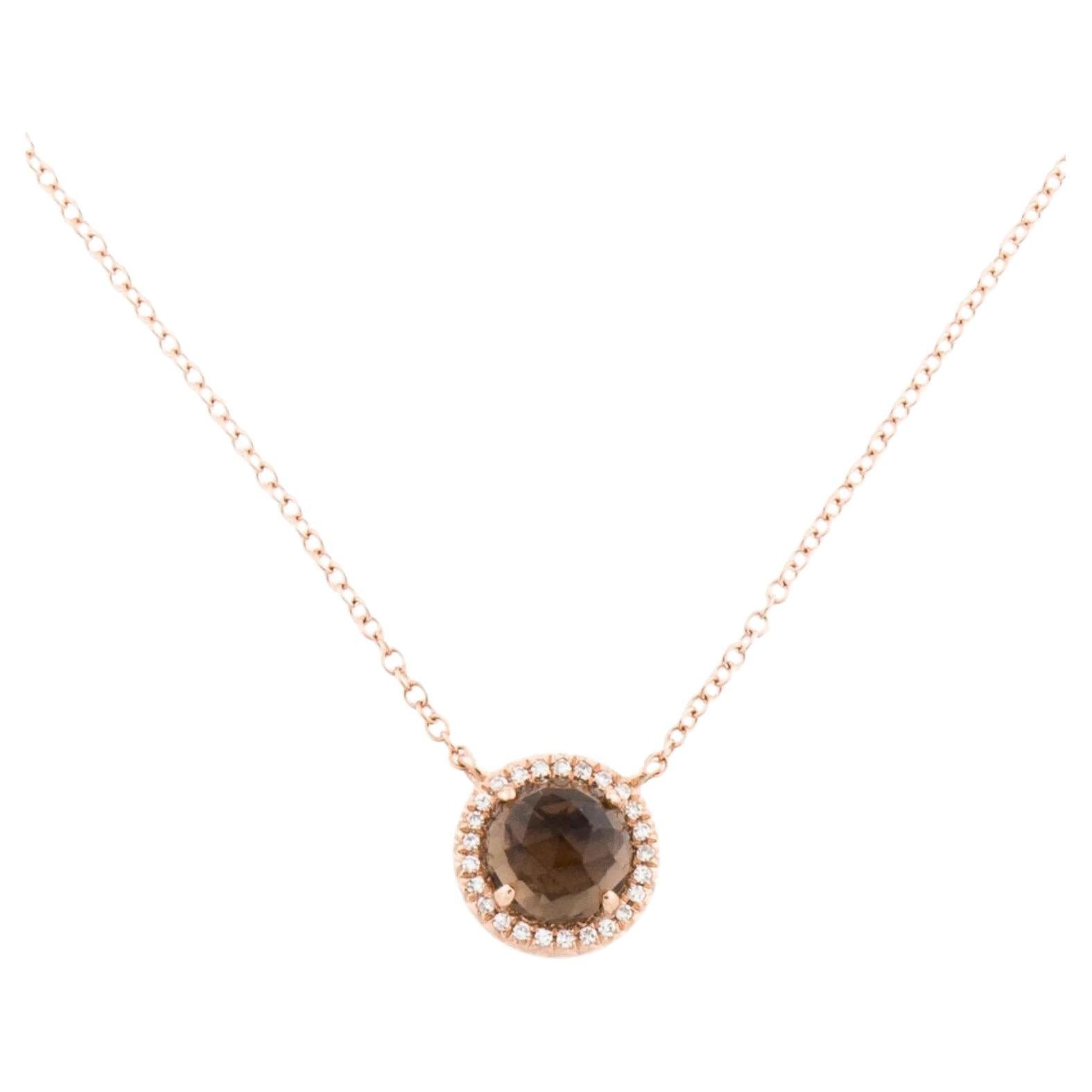 Collier à pendentif en or rose avec quartz fumé rond de 1,15 carat et diamants  en vente