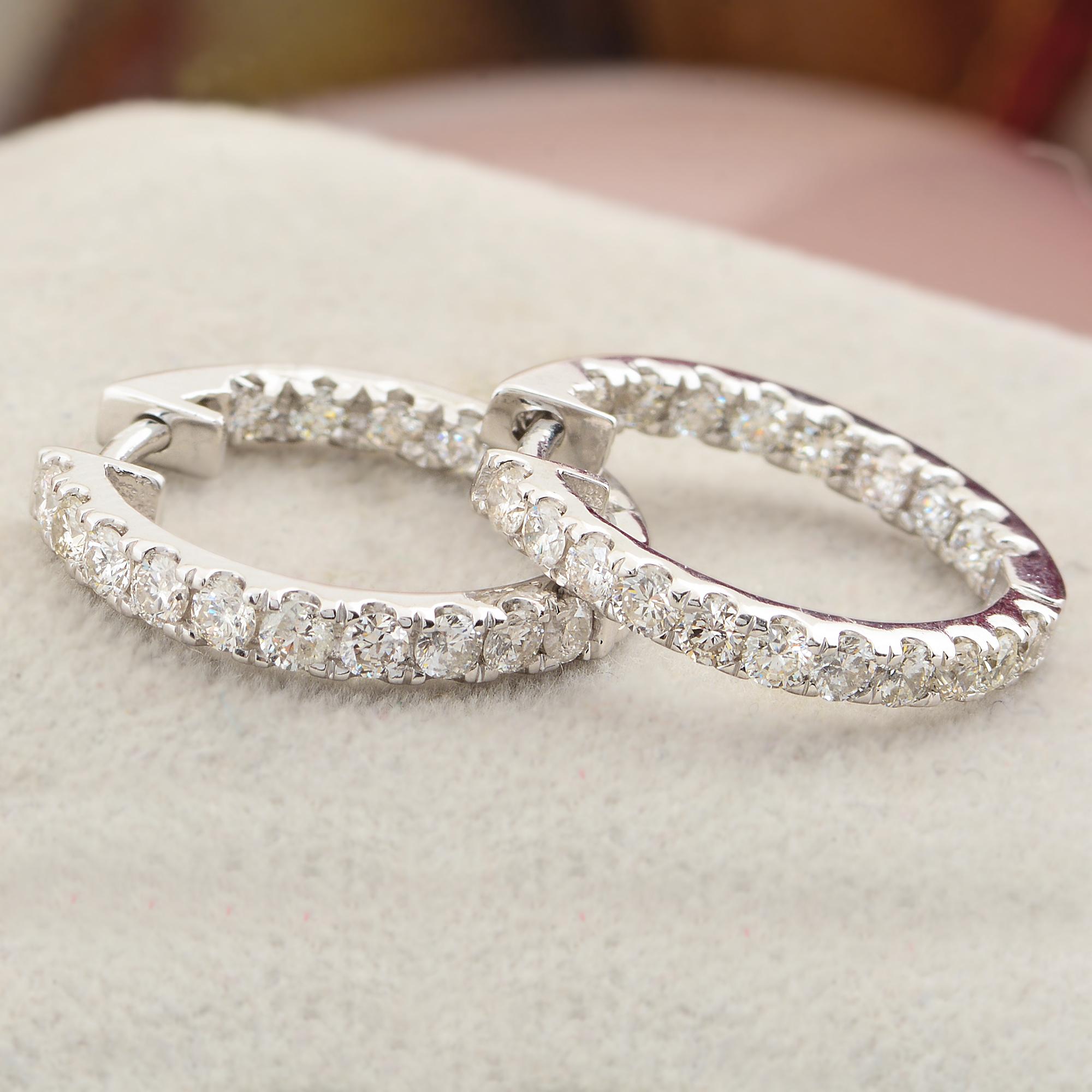 Modern 1.15 Carat SI Clarity HI Color Diamond Pave Hoop Earrings 10k White Gold Jewelry For Sale