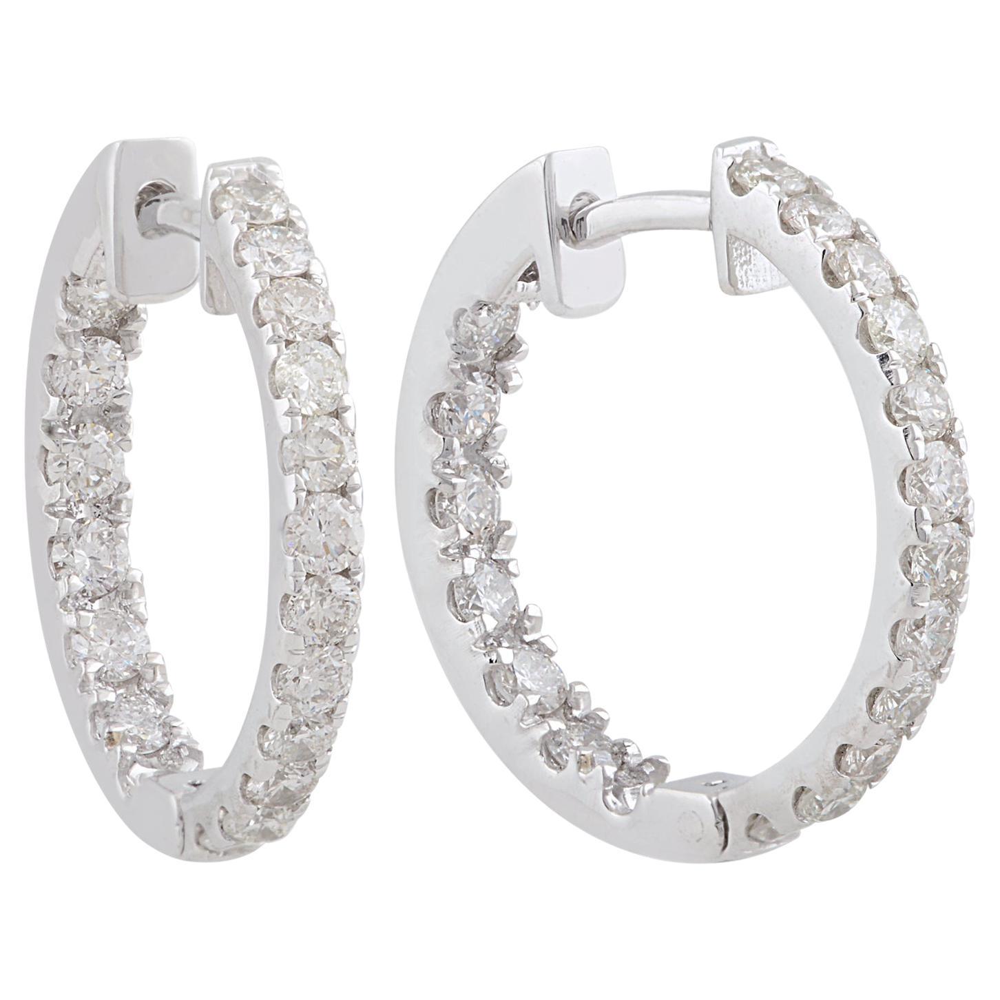 1.15 Carat SI Clarity HI Color Diamond Pave Hoop Earrings 10k White Gold Jewelry