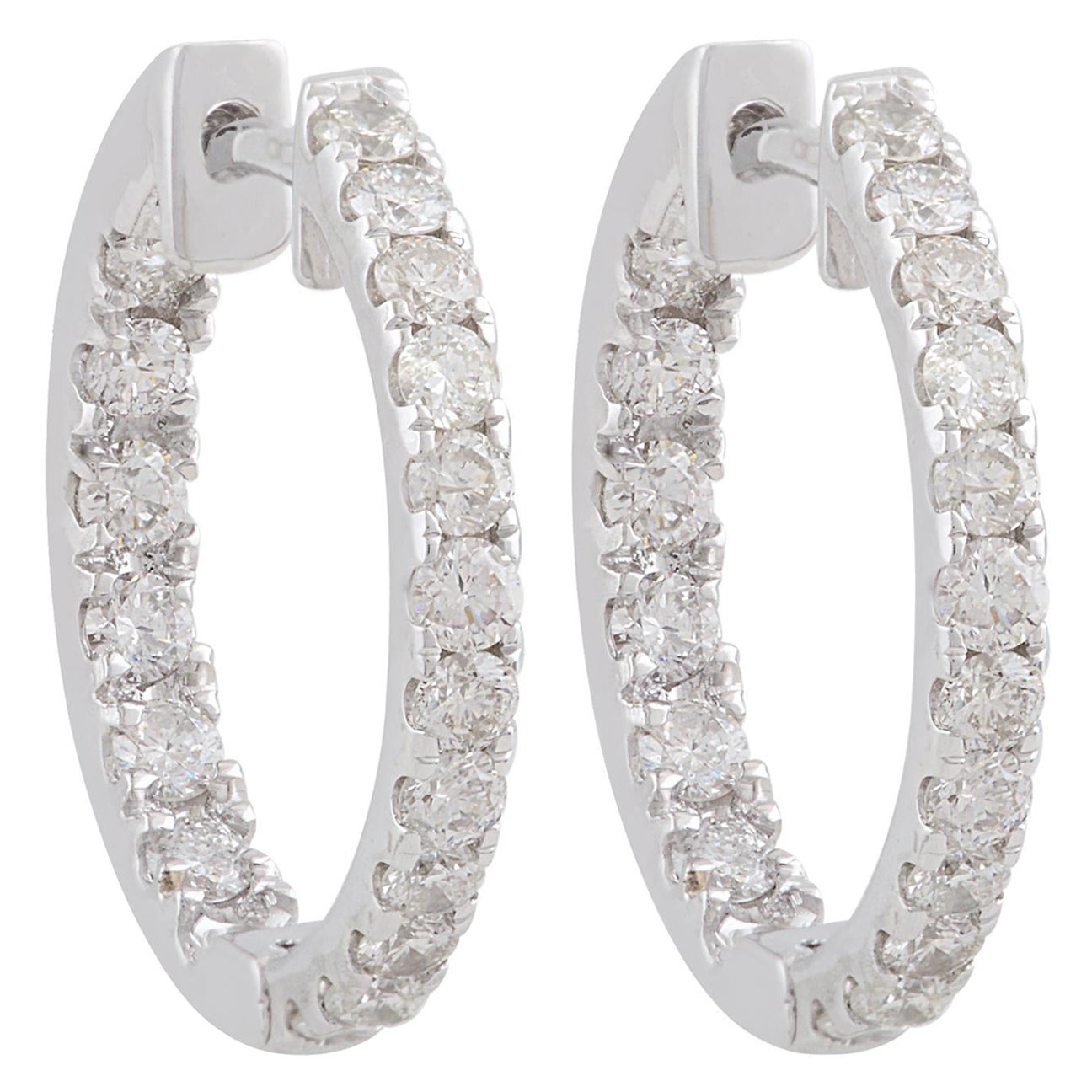 1.15 Carat SI Clarity HI Color Diamond Pave Hoop Earrings 10k White Gold Jewelry For Sale