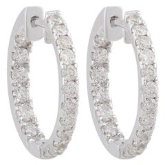 1.15 Carat SI Clarity HI Color Diamond Pave Hoop Earrings 10k White Gold Jewelry