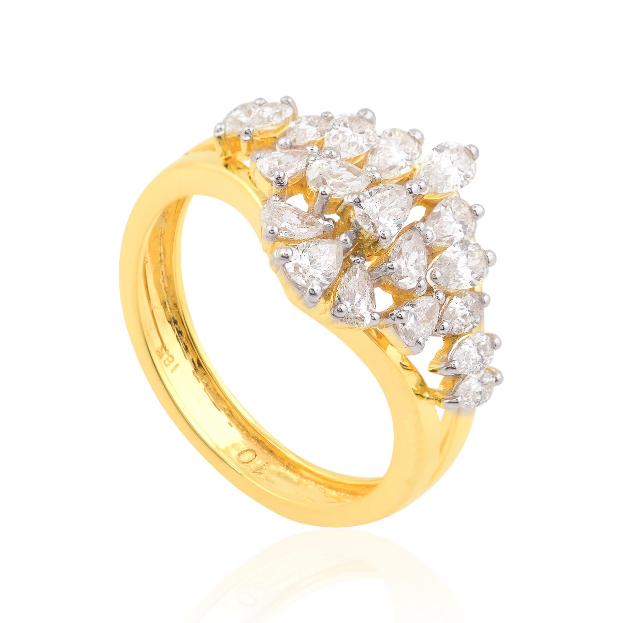 Modern 1 Carat SI Clarity HI Color Pear Diamond Dome Ring 18 Karat Yellow Gold Jewelry For Sale