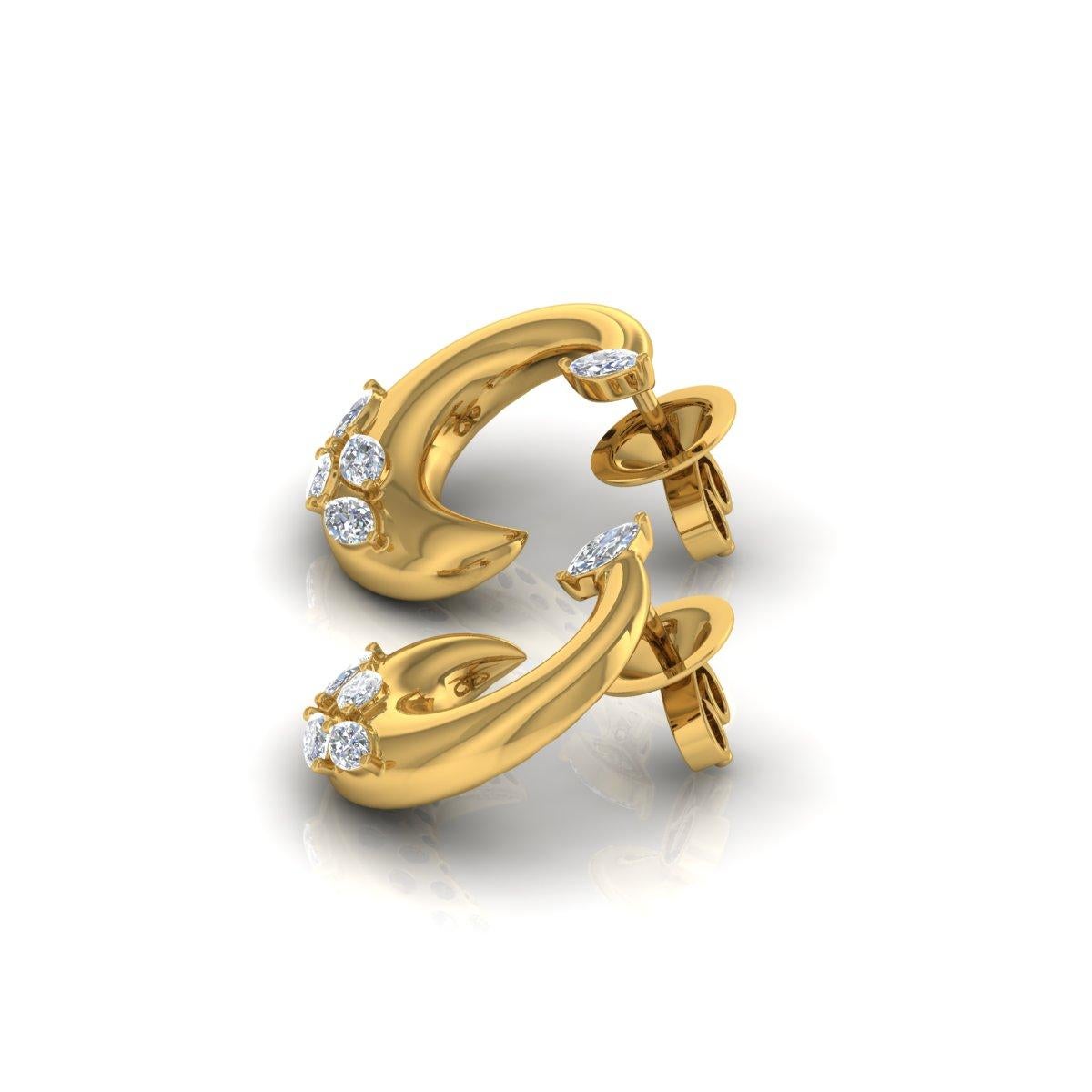 Moderne Boucles d'oreilles croissant de lune en or jaune 14 carats avec diamants marquises SI/HI de 1,15 carat en vente