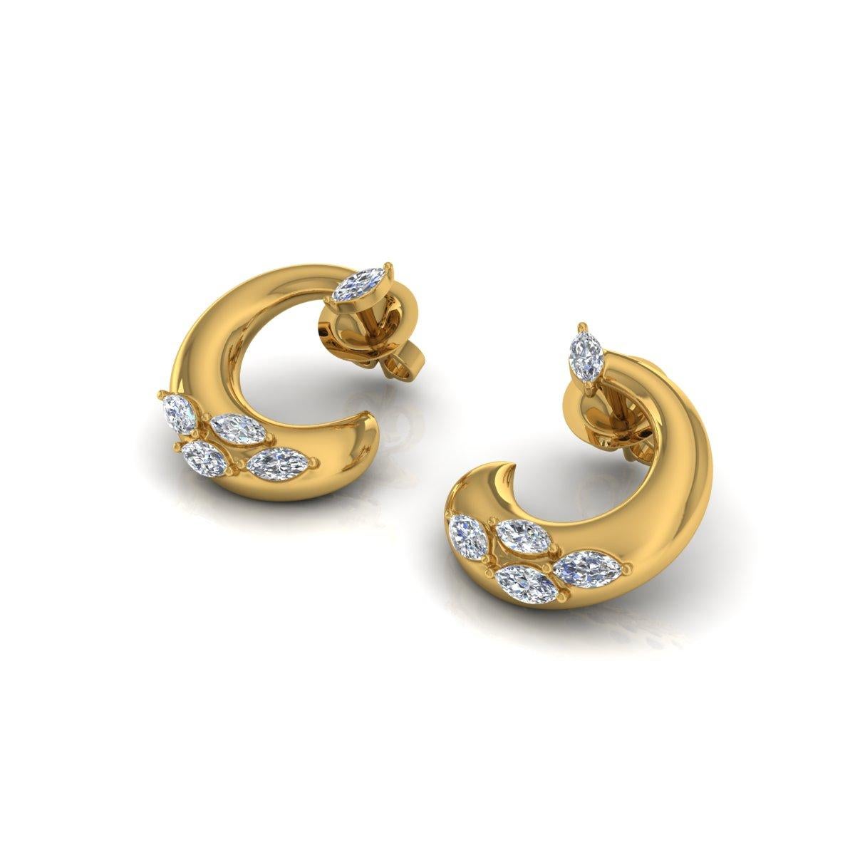 Taille Marquise Boucles d'oreilles croissant de lune en or jaune 14 carats avec diamants marquises SI/HI de 1,15 carat en vente