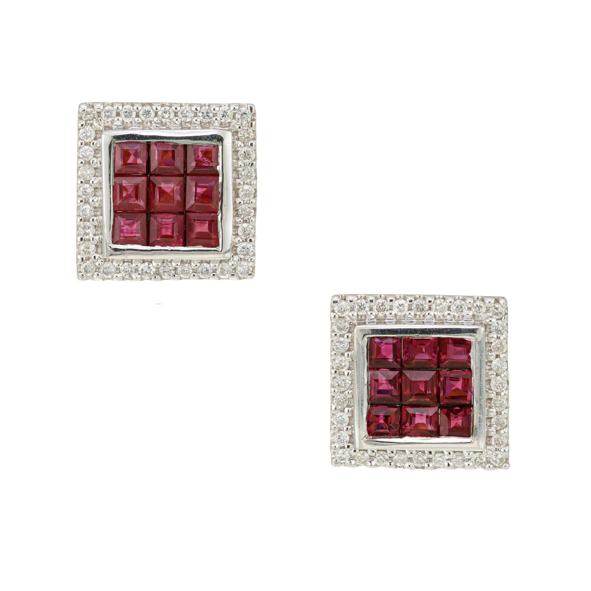 Ruby and diamond earrings. 18 invisible set square ruby rubies with round cut diamond halos set in 18k white gold square settings with 18k yellow gold posts and 18k yellow gold friction backs.

18 square cut Rubies, approx. total weight .90cts,