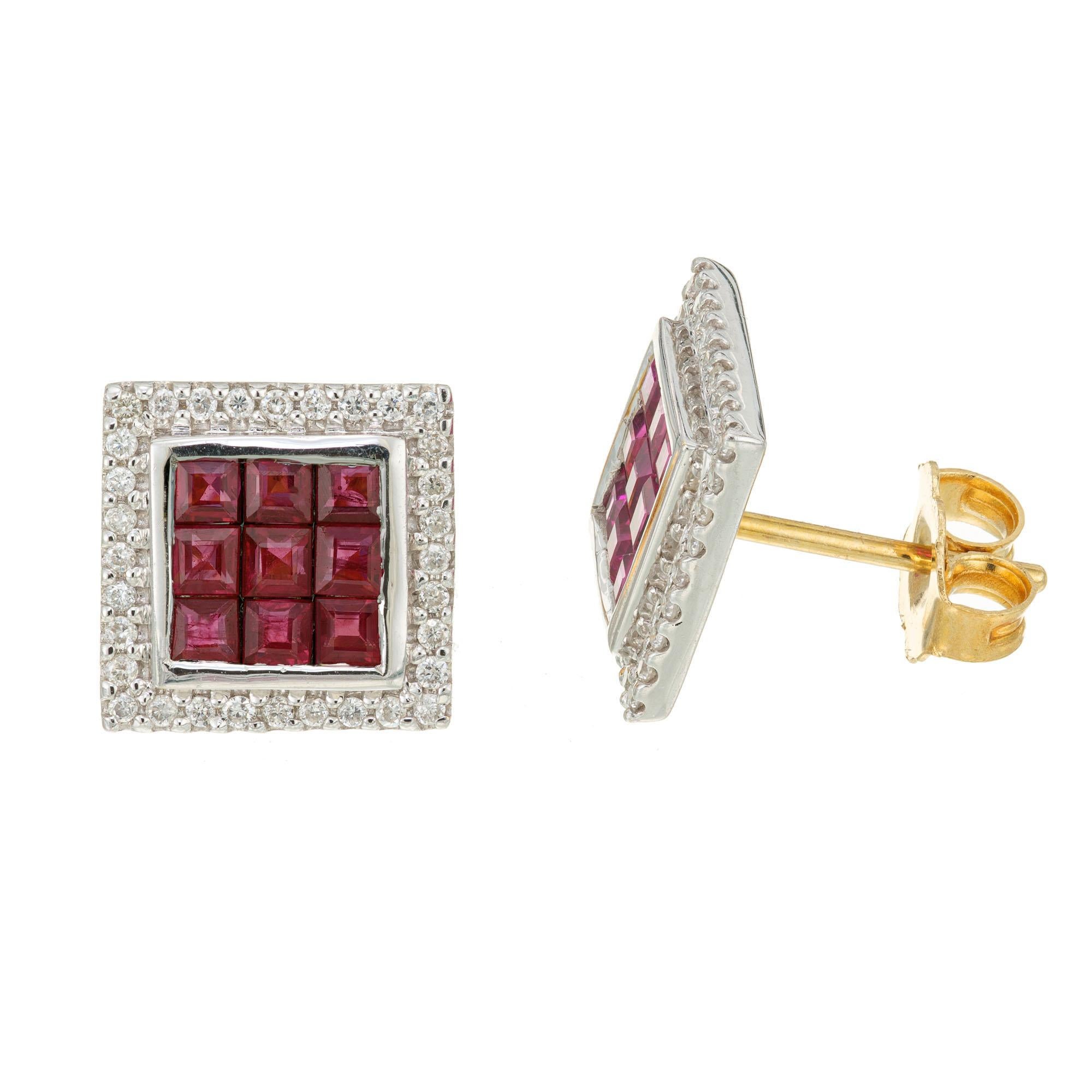 1.15 Carat Square Ruby Diamond Halo Gold Earrings In Good Condition For Sale In Stamford, CT