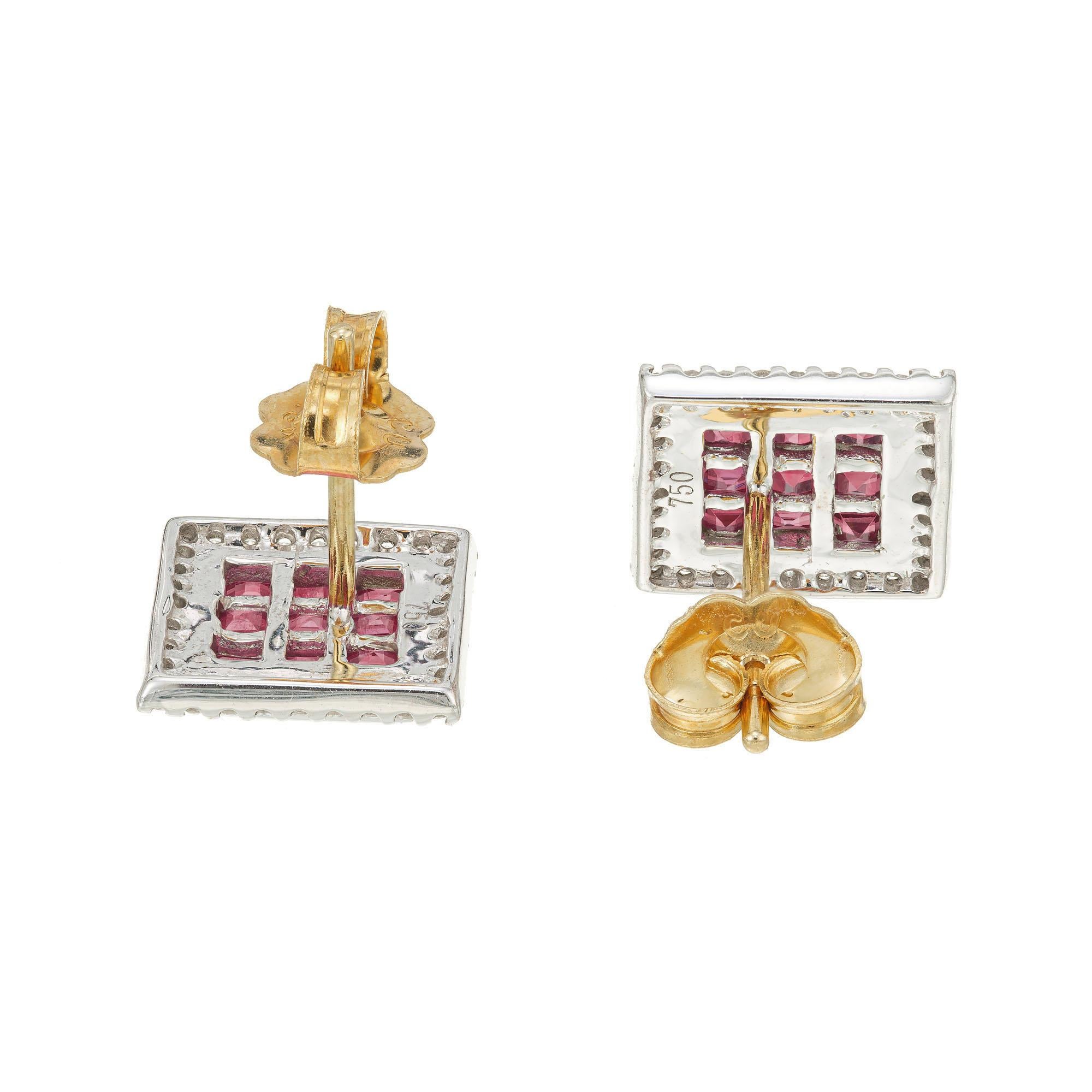 1.15 Carat Square Ruby Diamond Halo Gold Earrings For Sale 2