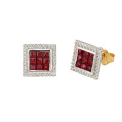 1.15 Carat Square Ruby Diamond Halo Gold Earrings