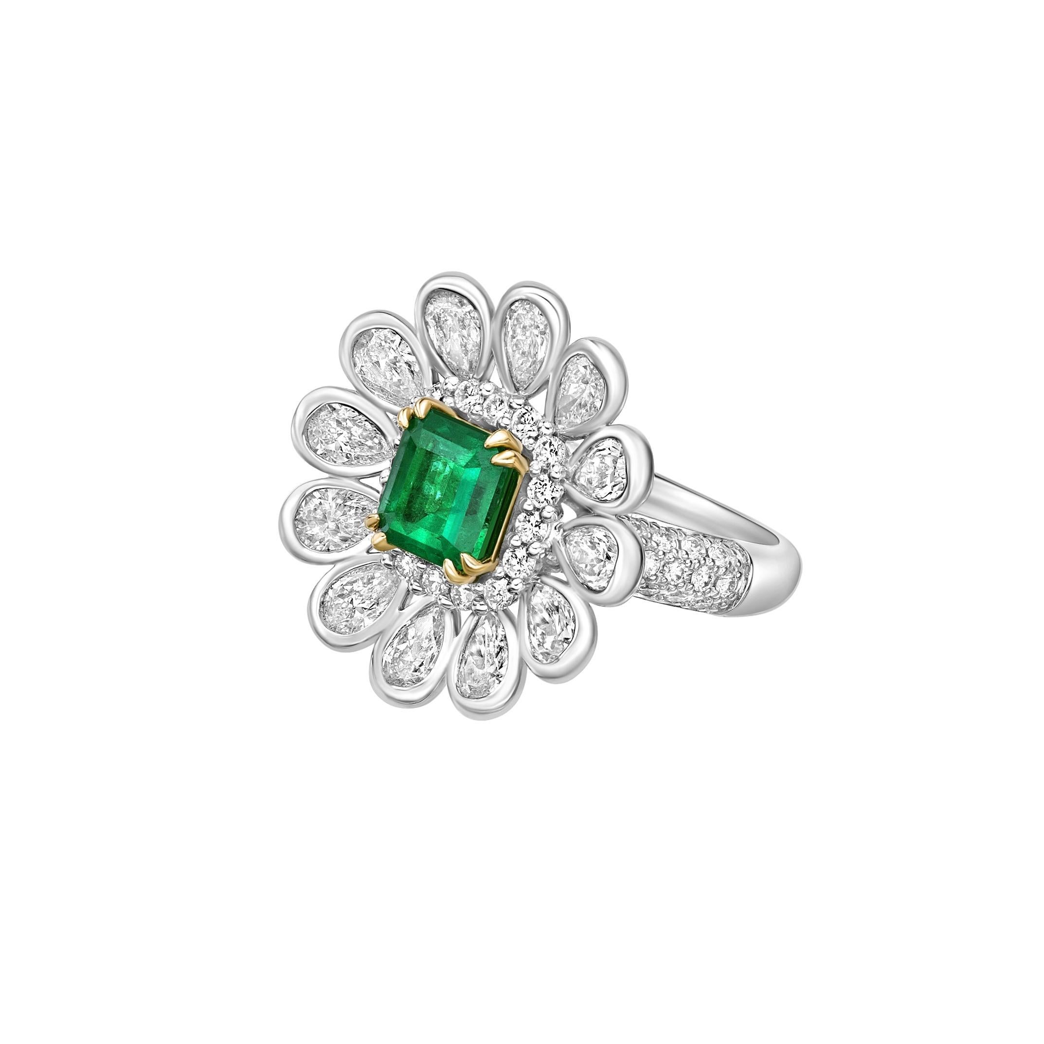 Octagon Cut 1.15 Carat Sunfiower Emerald Bridal Ring in 18KWYG with White Diamond. For Sale