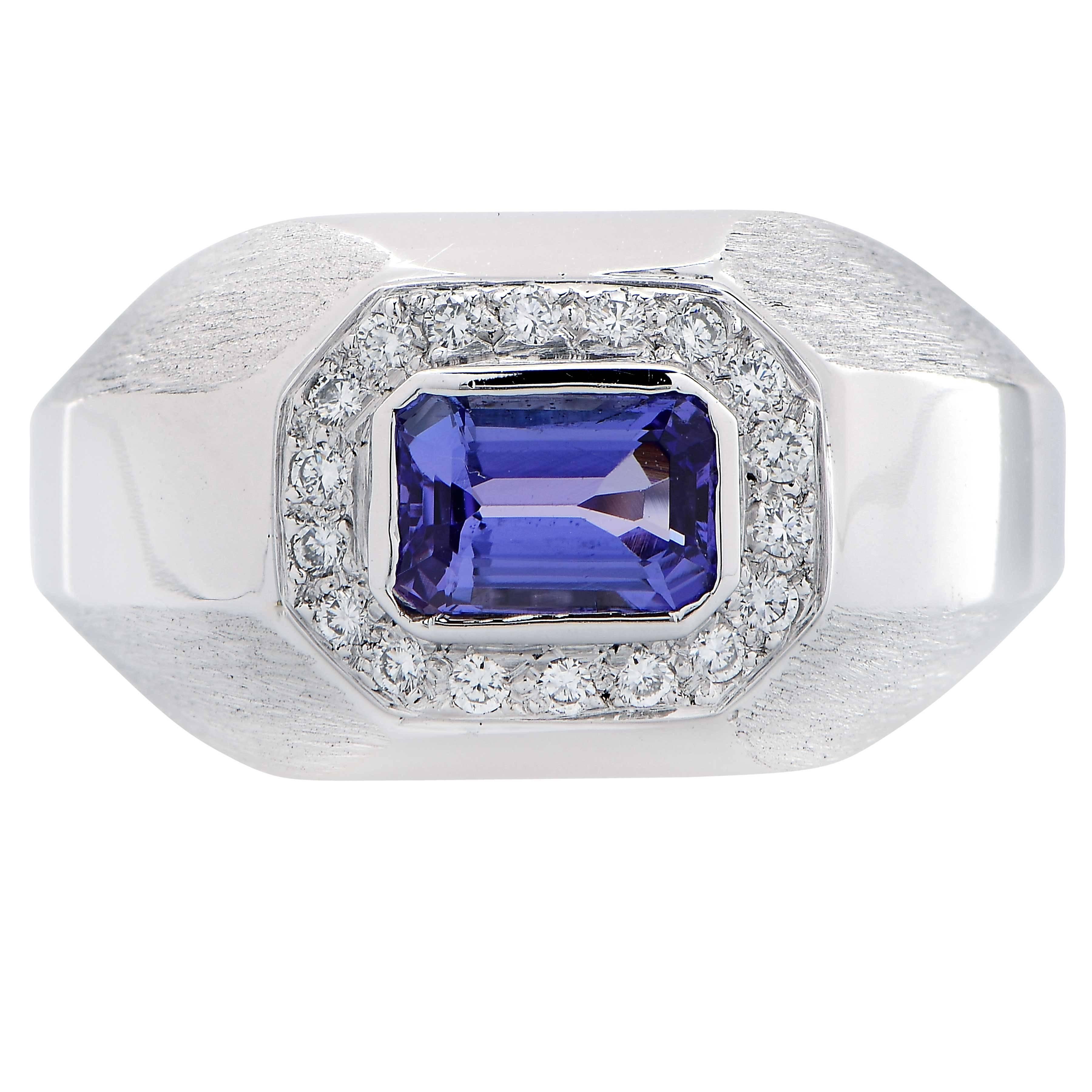 Women's or Men's 1.15 Carat Tanzanite and Diamond 18 Karat White Gold Ring For Sale