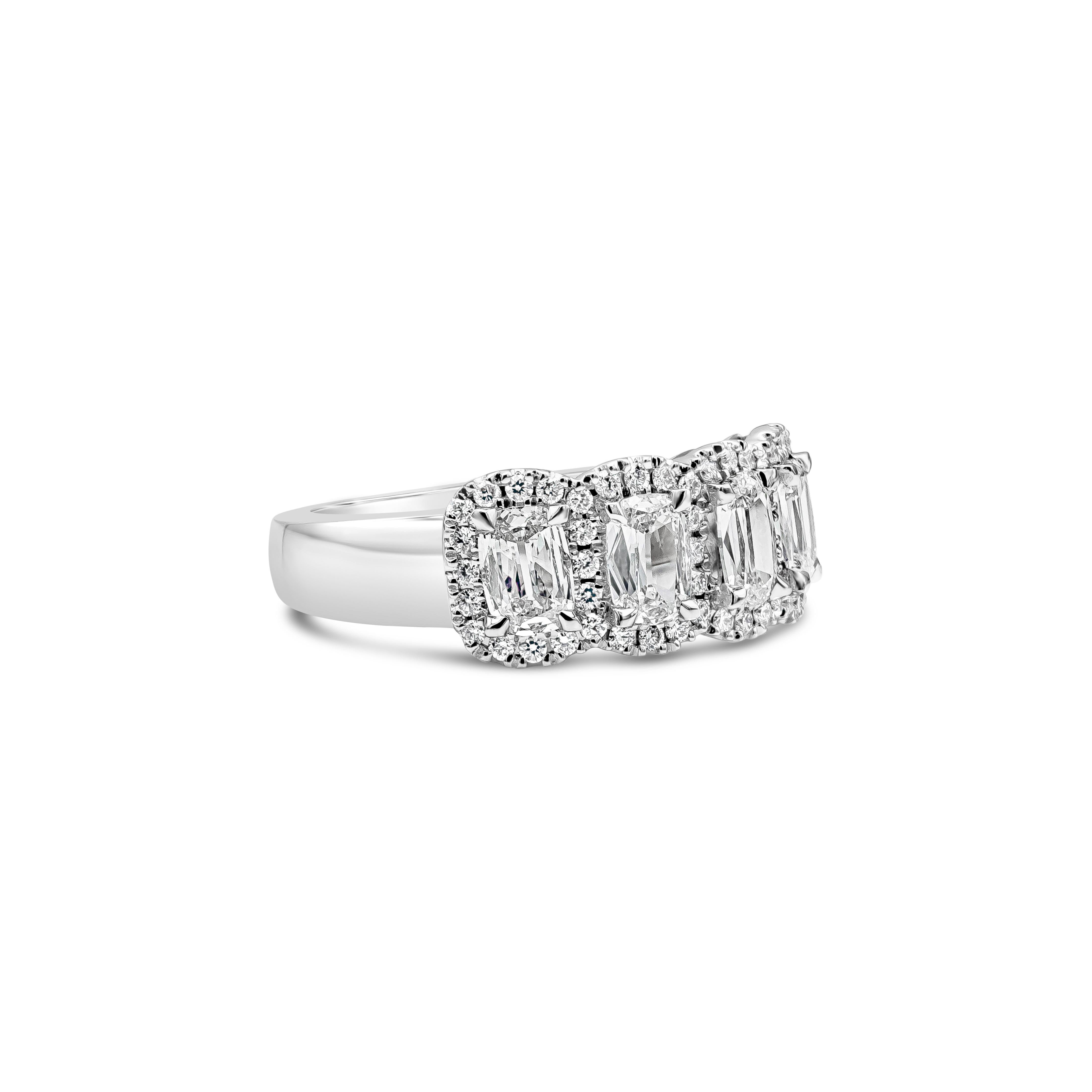 This piece of jewelry features four cushion cut diamonds weighing 1.15 carats in total, surrounded by a row of round brilliant diamonds that weighs about 0.26 carats in total. All diamonds are approximately F Color, VS in Clarity. Made with 18K