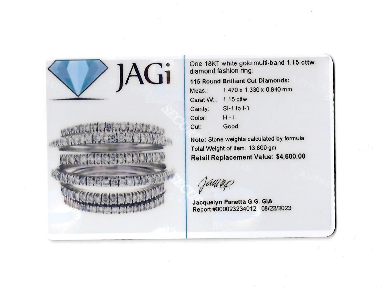 1.15 Carat Total Pavé Diamond Multi-Row Wide Band Ring in 18 Karat White Gold For Sale 6
