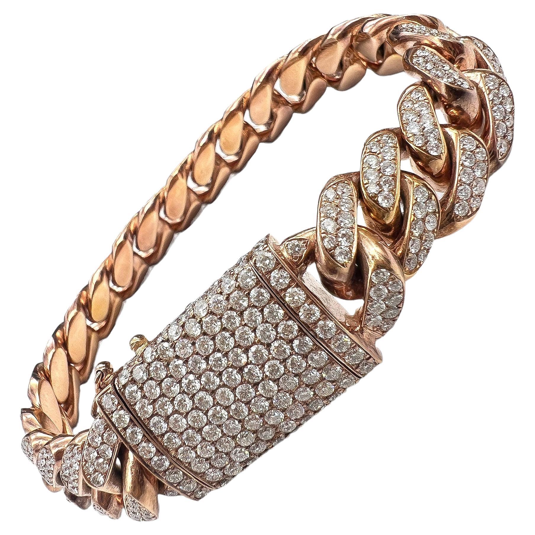 11.5 Carat Unisex 14K Rose Gold Iced Out Cuban Link Diamond Bracelet, 113g For Sale