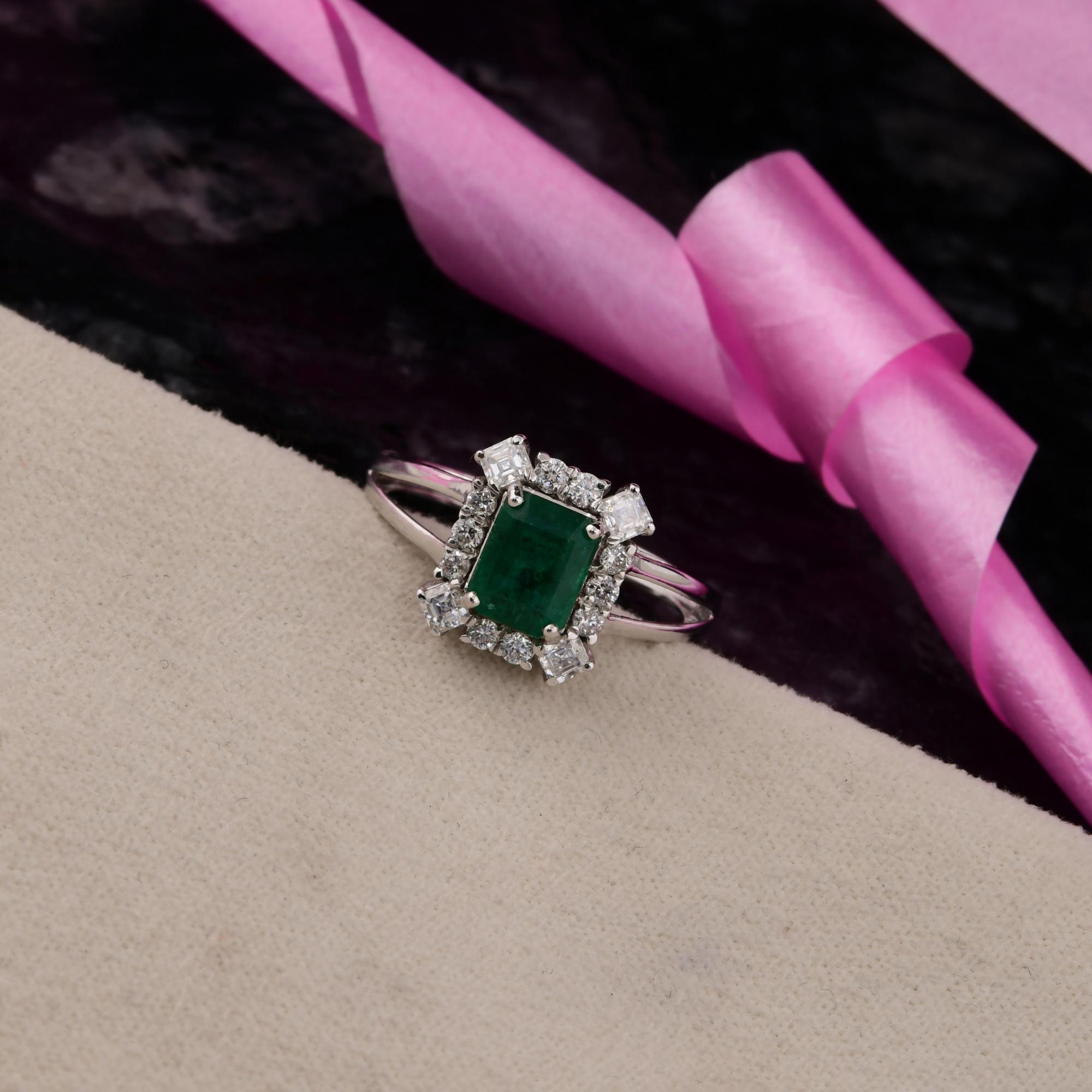 1,15 Karat sambischer Smaragd Cocktail-Ring 0,51 Karat SI/H Diamant 14k Weißgold (Achteckschliff) im Angebot