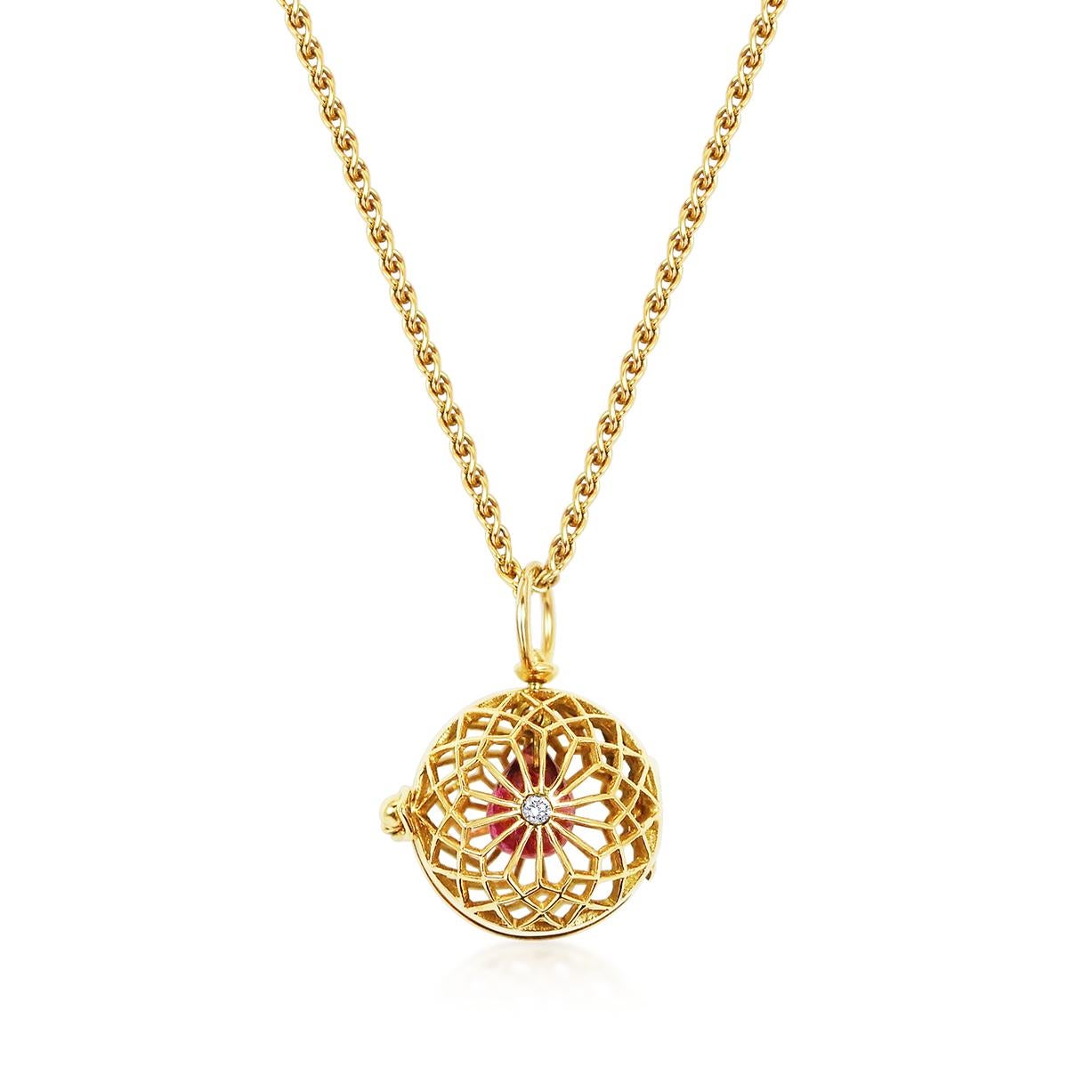 Handcrafted 1,15 Carats Pink Tourmaline & Diamonds 18 Karat Yellow Gold Pendant Necklace. Inspired by the gesture of giving someone your heart and for them to keep it safe. A drop of Pink Tourmaline swings in our hand pierced yellow gold cage