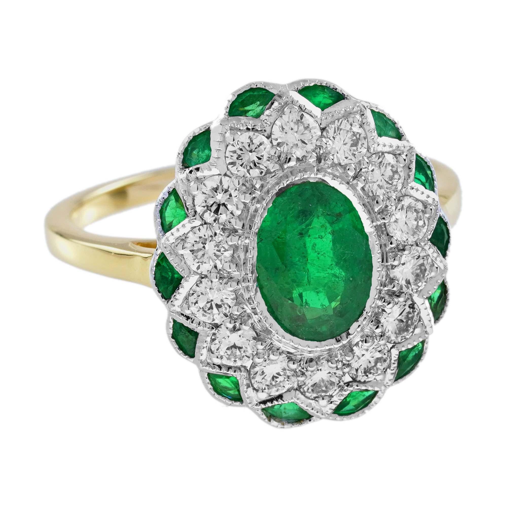 1,15 ct. Smaragd- und Diamant-Halo-Ring im Art-Déco-Stil aus 18 Karat Gelbgold mit Blumenmuster im Zustand „Neu“ im Angebot in Bangkok, TH
