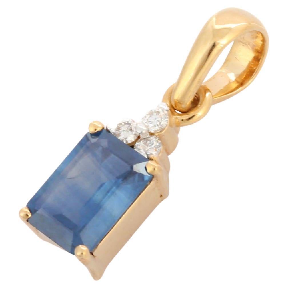 1.15 Ct Emerald Cut Blue Sapphire Pendant with Diamonds in 18K Yellow Gold