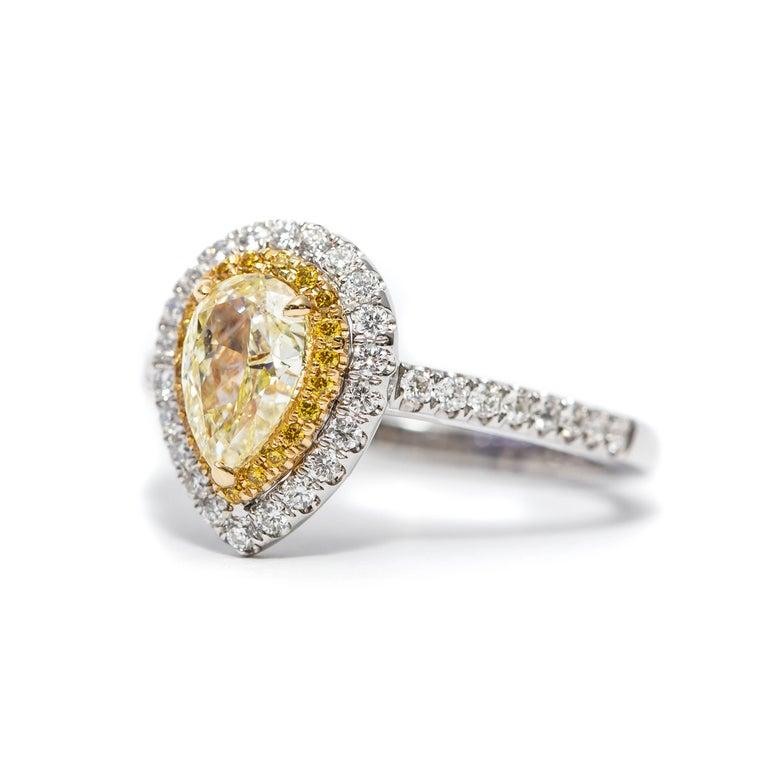 1.15ct GIA Fancy Yellow Pear Round Diamond Bespoke Double Halo Engagement Ring For Sale 1