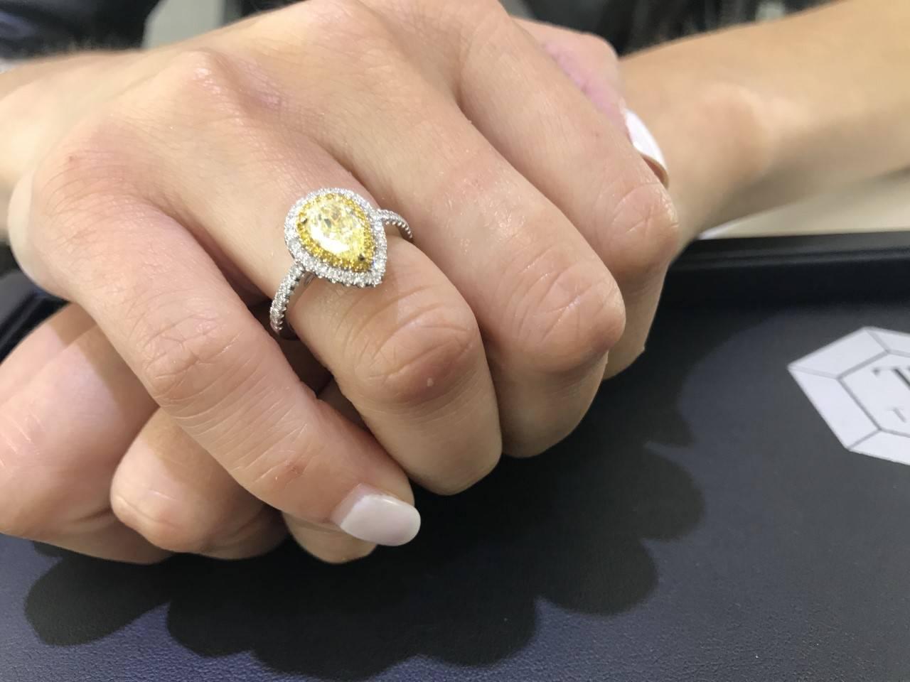 1.15ct GIA Fancy Yellow Pear Round Diamond Bespoke Double Halo Engagement Ring In New Condition For Sale In London, GB