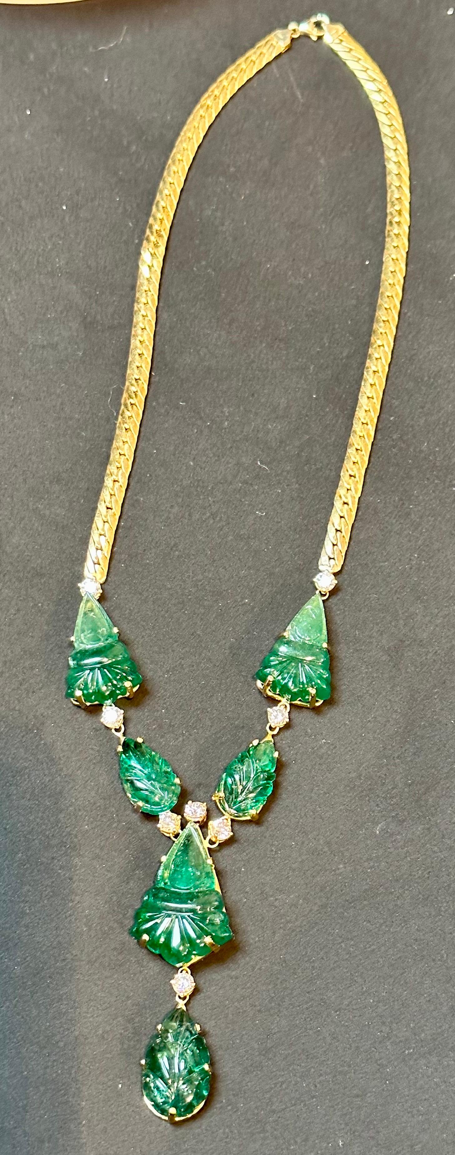 115 Ct Natural Carved Drop Emerald & 4 Ct Diamond  Necklace 18 Kt Gold Necklace For Sale 5