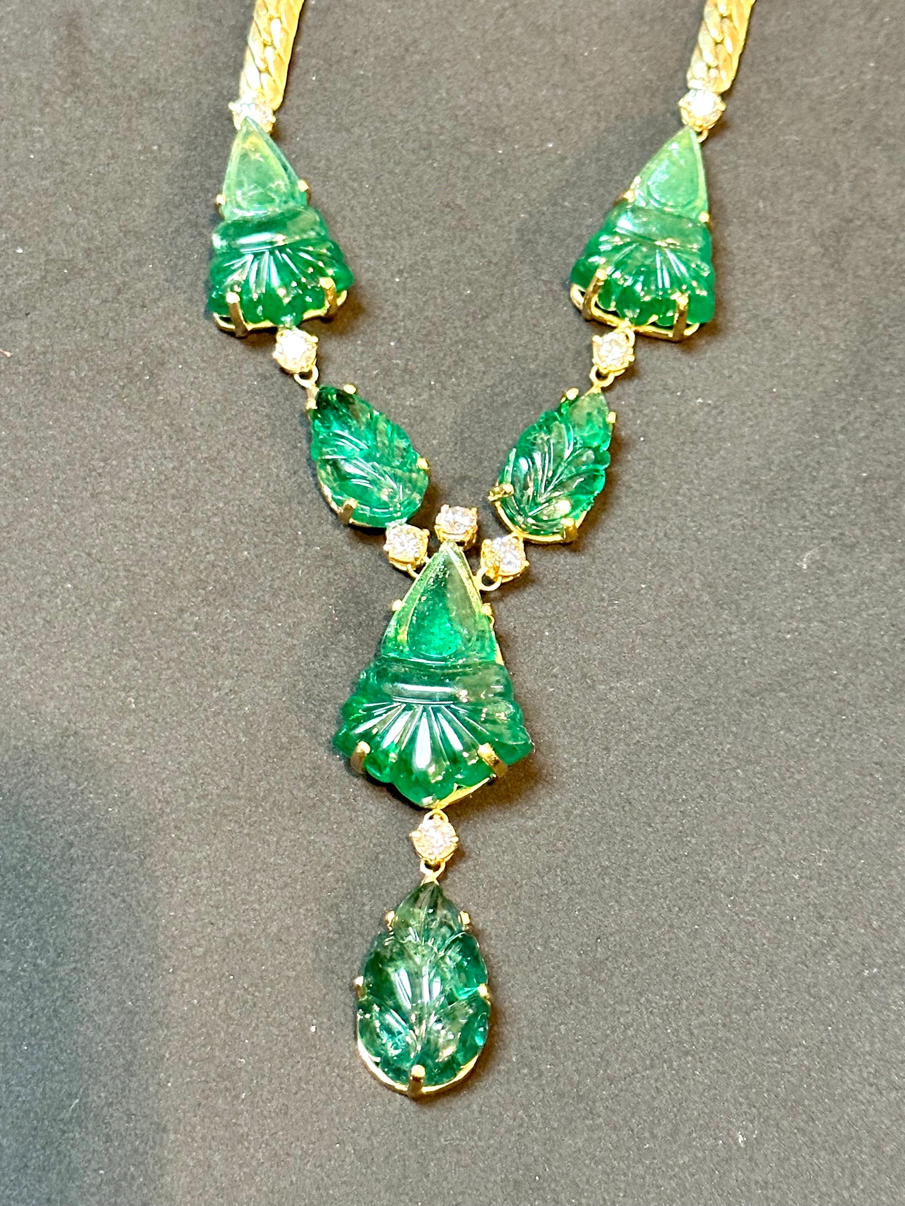 115 Ct Natural Carved Drop Emerald & 4 Ct Diamond  Necklace 18 Kt Gold Necklace For Sale 6