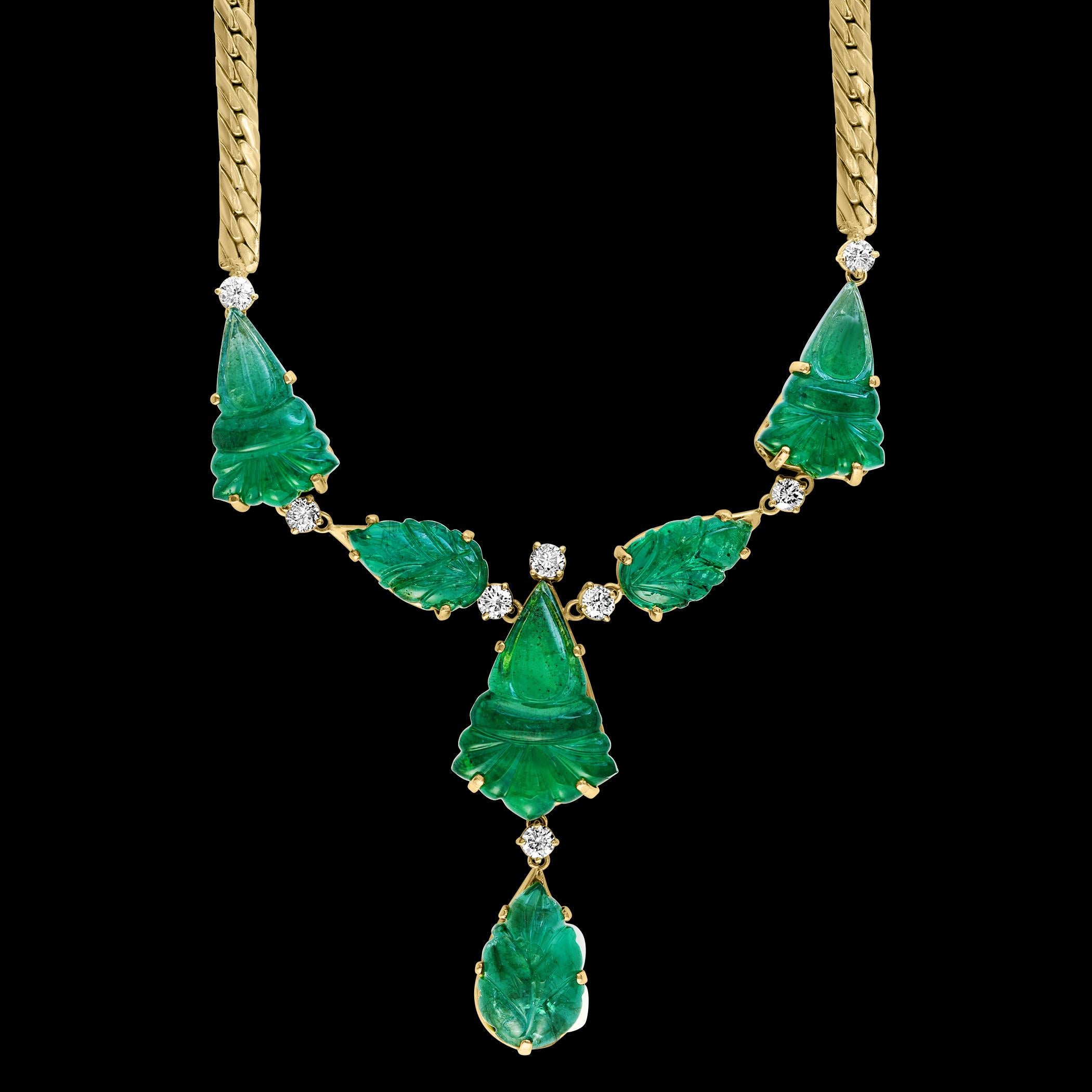 115 Ct Natural Carved Drop Emerald & 4 Ct Diamond  Necklace 18 Kt Gold Necklace For Sale 11
