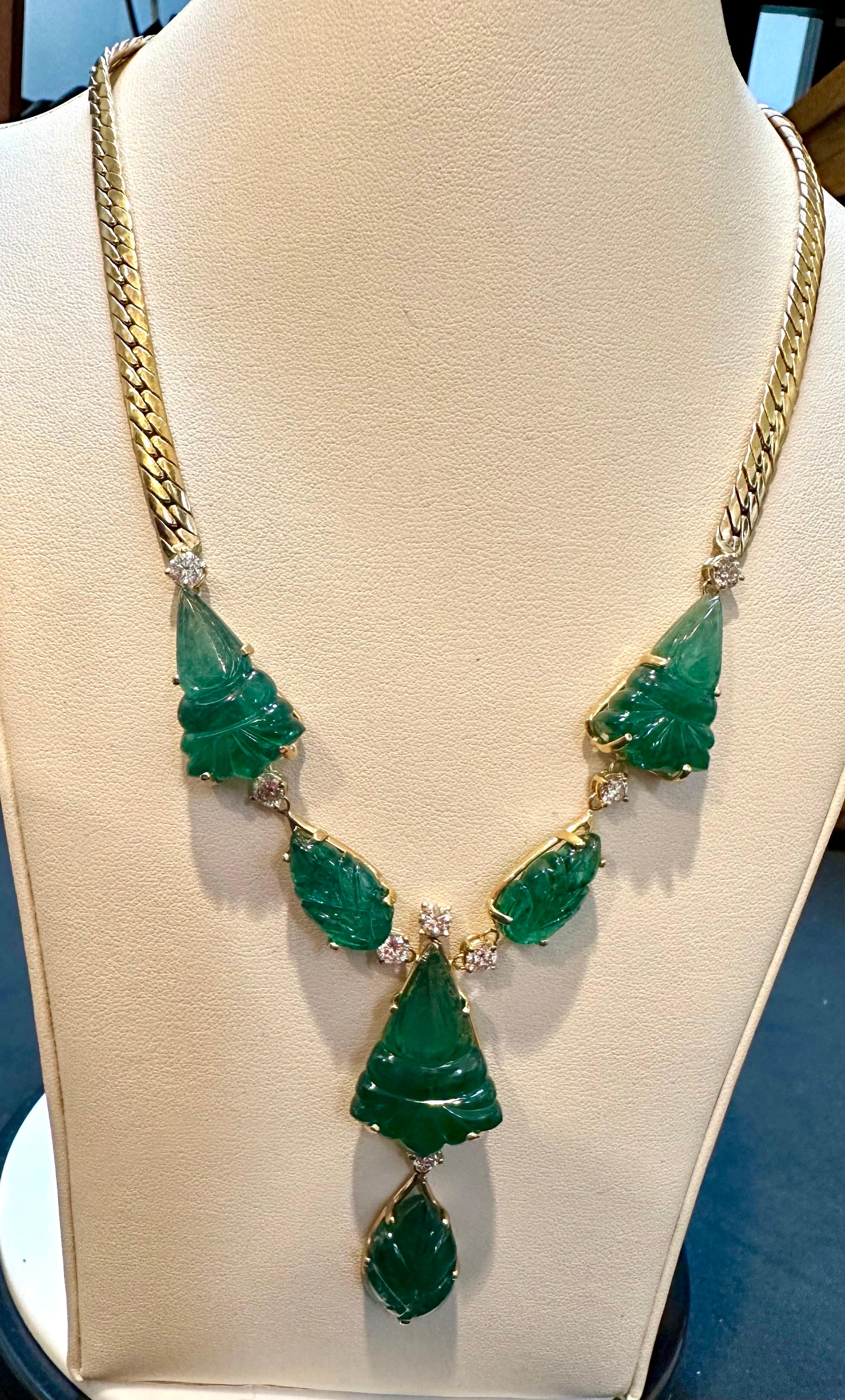 Women's 115 Ct Natural Carved Drop Emerald & 4 Ct Diamond  Necklace 18 Kt Gold Necklace For Sale