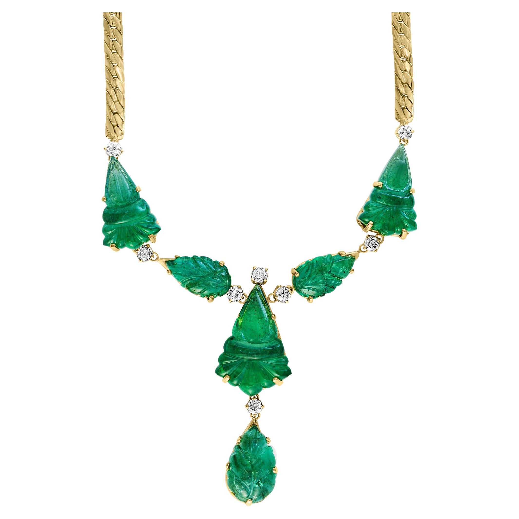 115 Ct Natural Carved Drop Emerald & 4 Ct Diamond  Necklace 18 Kt Gold Necklace For Sale