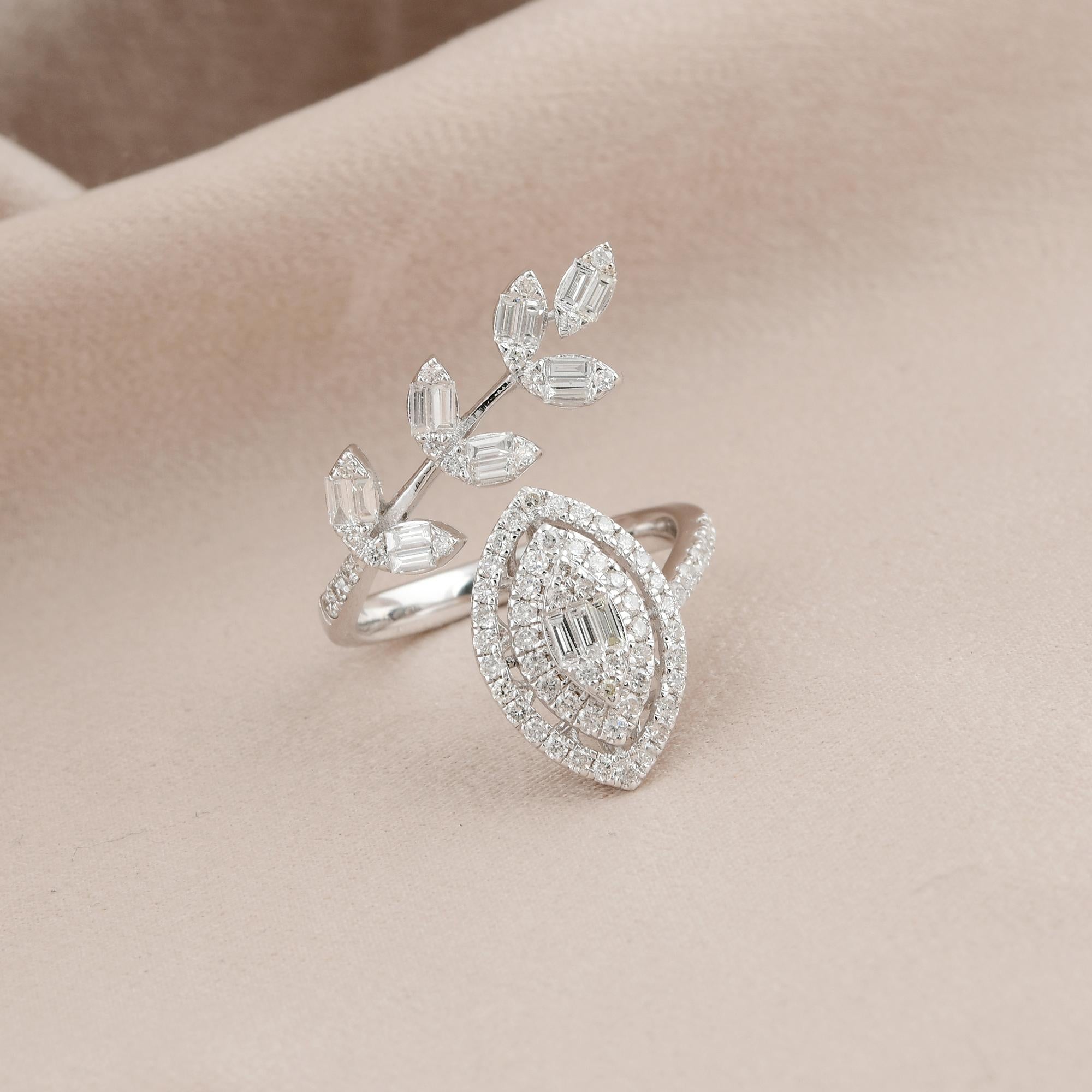 For Sale:  1.15 Ct SI Clarity HI Color Baguette Diamond Leaf Wrap Ring 18 Karat White Gold 4