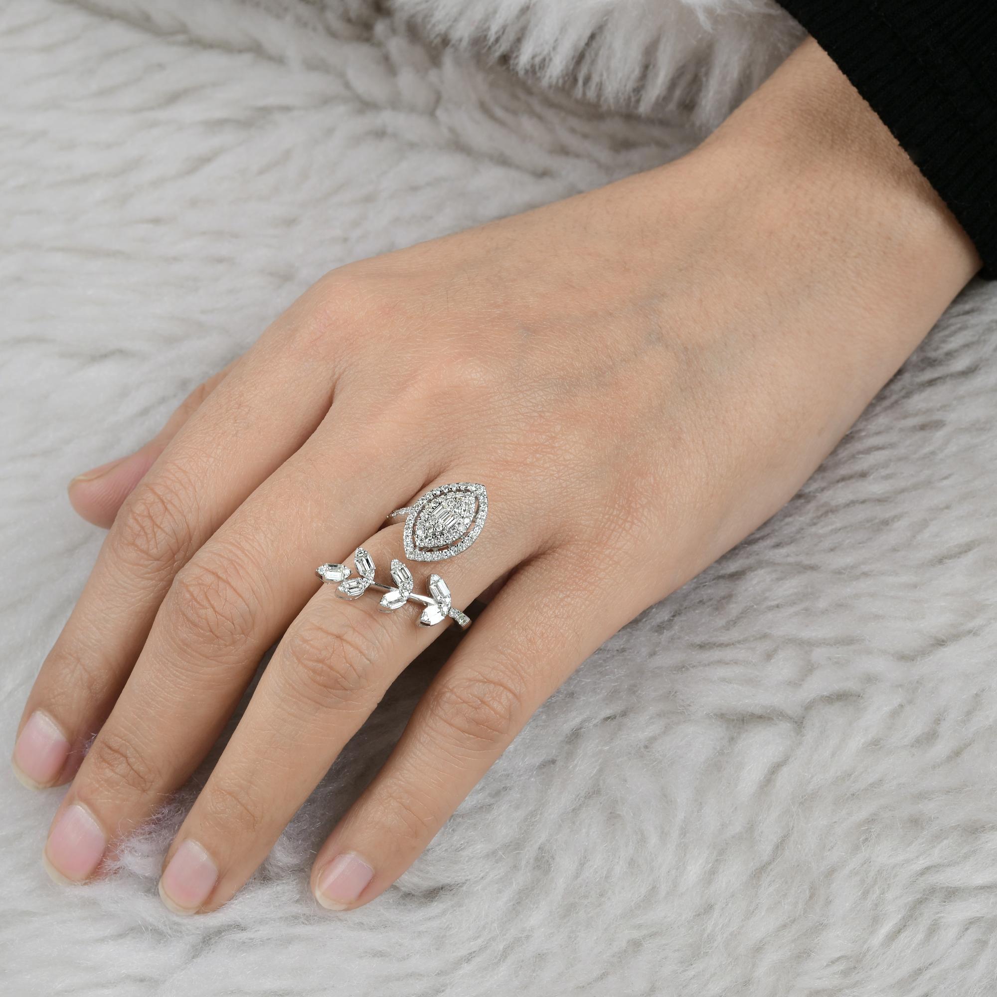 For Sale:  1.15 Ct SI Clarity HI Color Baguette Diamond Leaf Wrap Ring 18 Karat White Gold 5