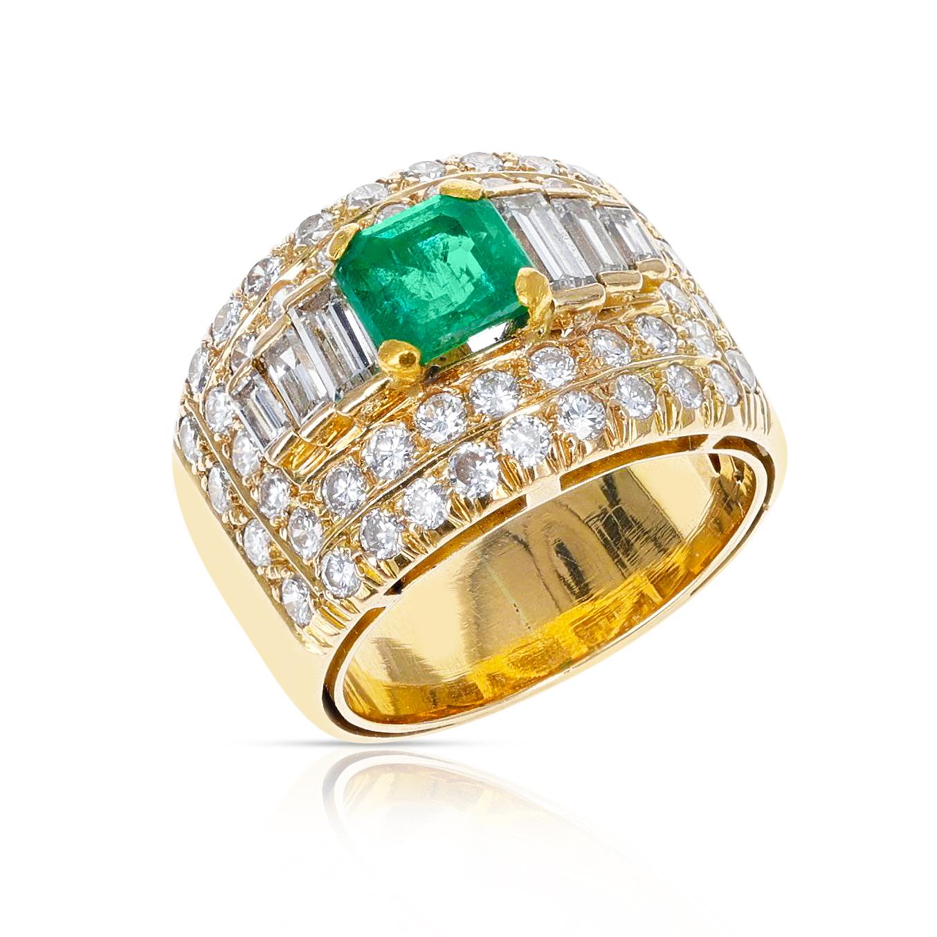 A 1.15 ct. Square Emerald with 2 ct. Diamond Wide Band Cocktail Ring made in 18K Yellow Gold. Ring Size US 6.50. Total Weight: 14.95 grams. 