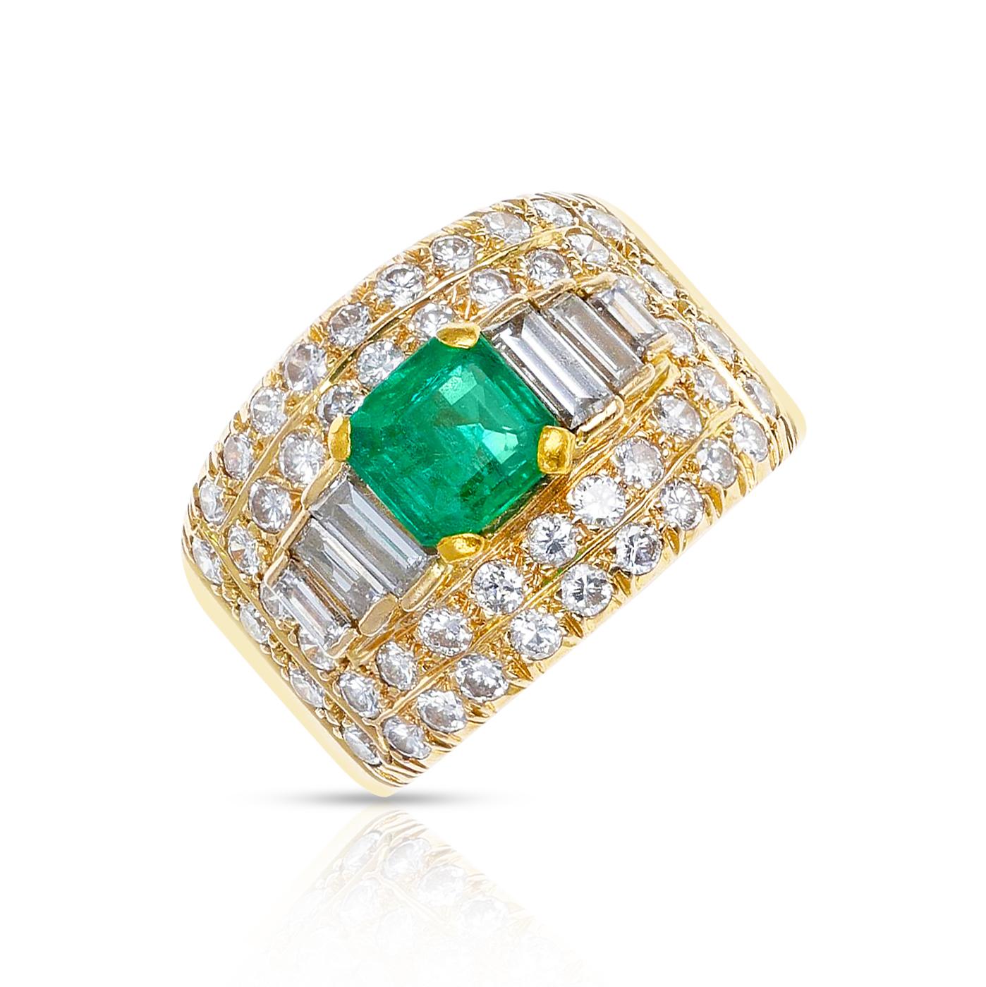 Square Cut 1.15 Ct. Square-Cut Emerald with 2 Ct. Diamond Wide Band Cocktail Ring, 18K For Sale