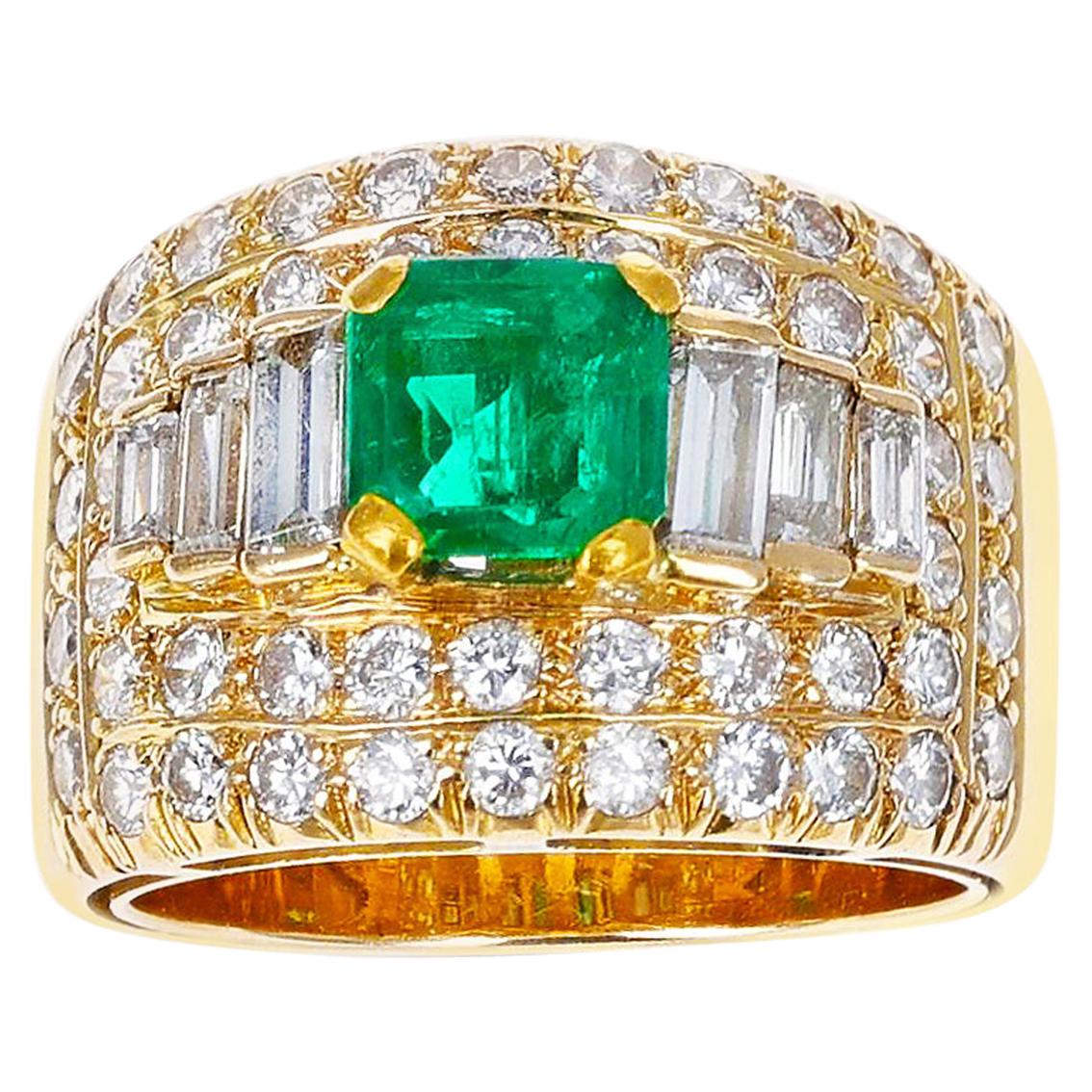 1.15 Ct. Square-Cut Emerald with 2 Ct. Diamond Wide Band Cocktail Ring, 18K For Sale
