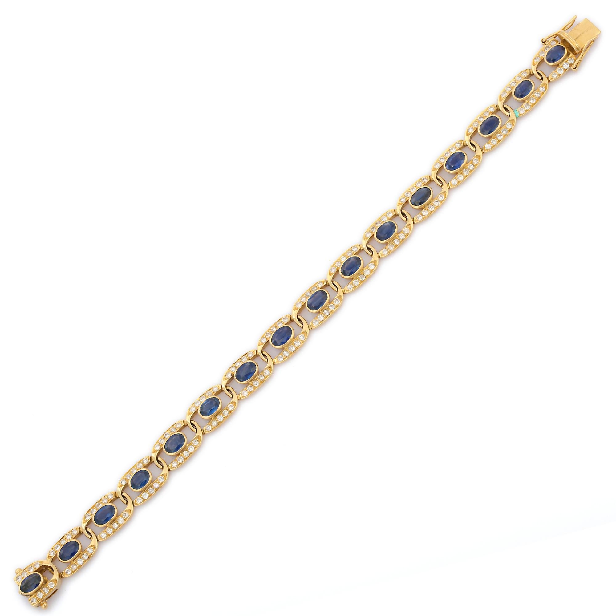 11,5 Karat Ovalschliff Blauer Saphir Diamant-Tennisarmband aus 18 Karat Gelbgold (Moderne) im Angebot