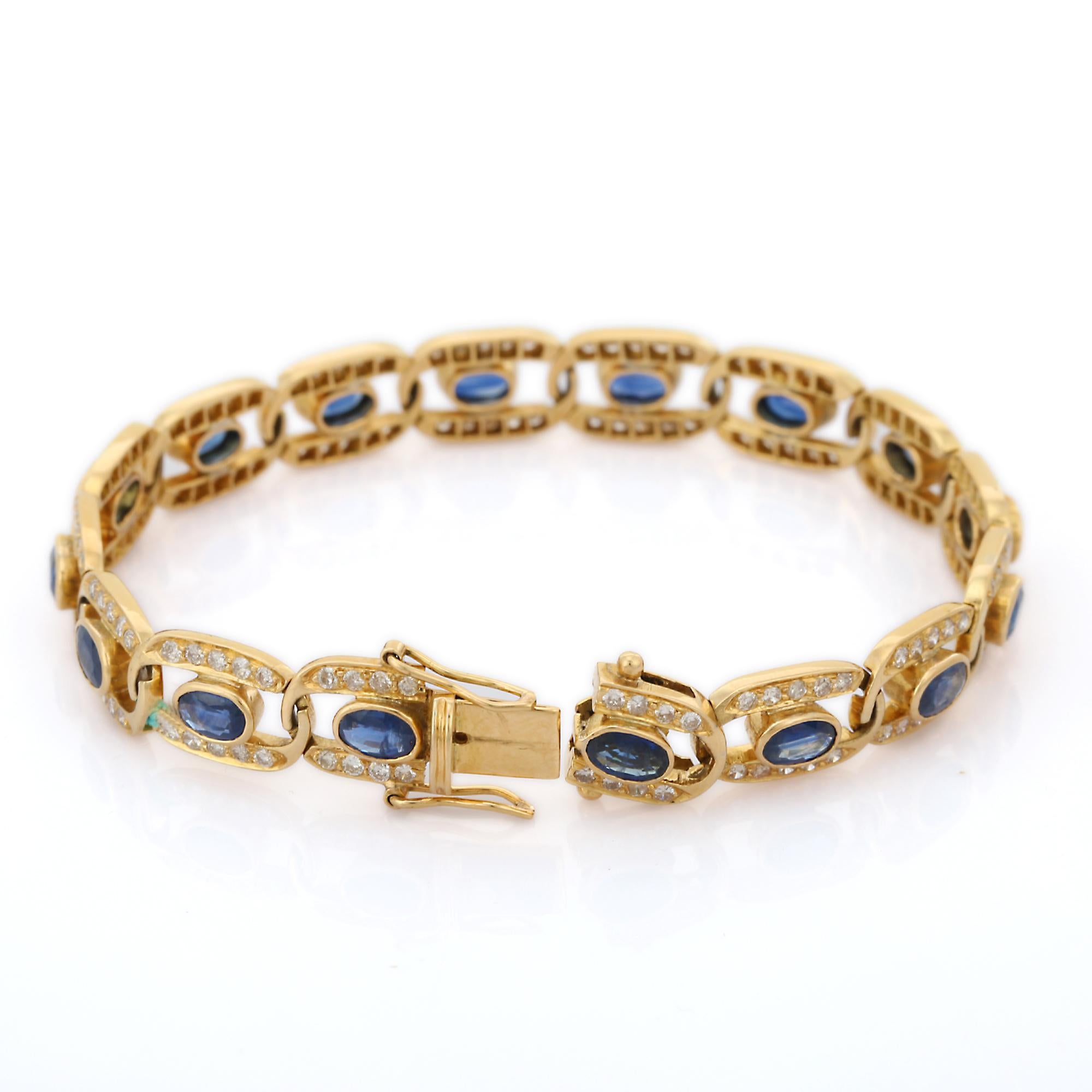 11,5 Karat Ovalschliff Blauer Saphir Diamant-Tennisarmband aus 18 Karat Gelbgold Damen im Angebot