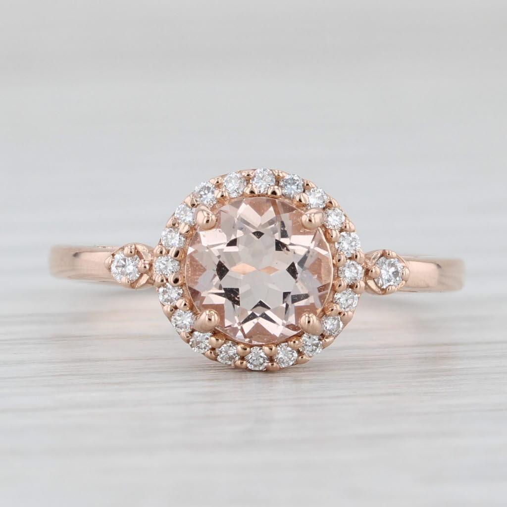 1.15 ctw Morganite Diamond Halo Engagement Ring 14K Rose Gold Size 8 For Sale 1