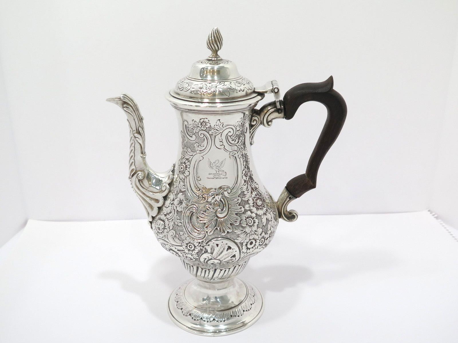British Sterling Silver Wood Antique English 1897 Floral Repousse Coffee Pot