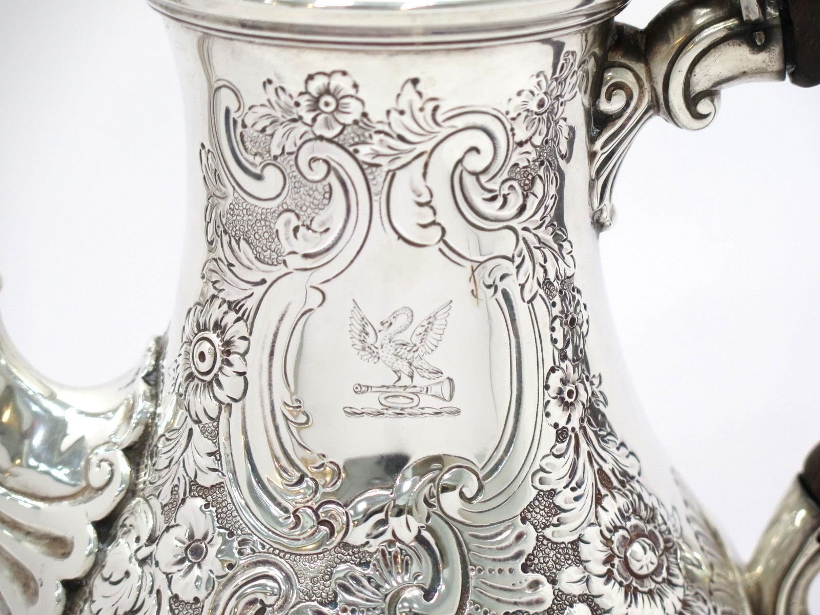 Repoussé Sterling Silver Wood Antique English 1897 Floral Repousse Coffee Pot