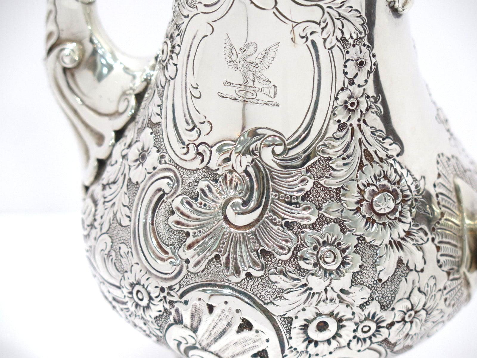 Sterling Silver Wood Antique English 1897 Floral Repousse Coffee Pot In Good Condition In Brooklyn, NY