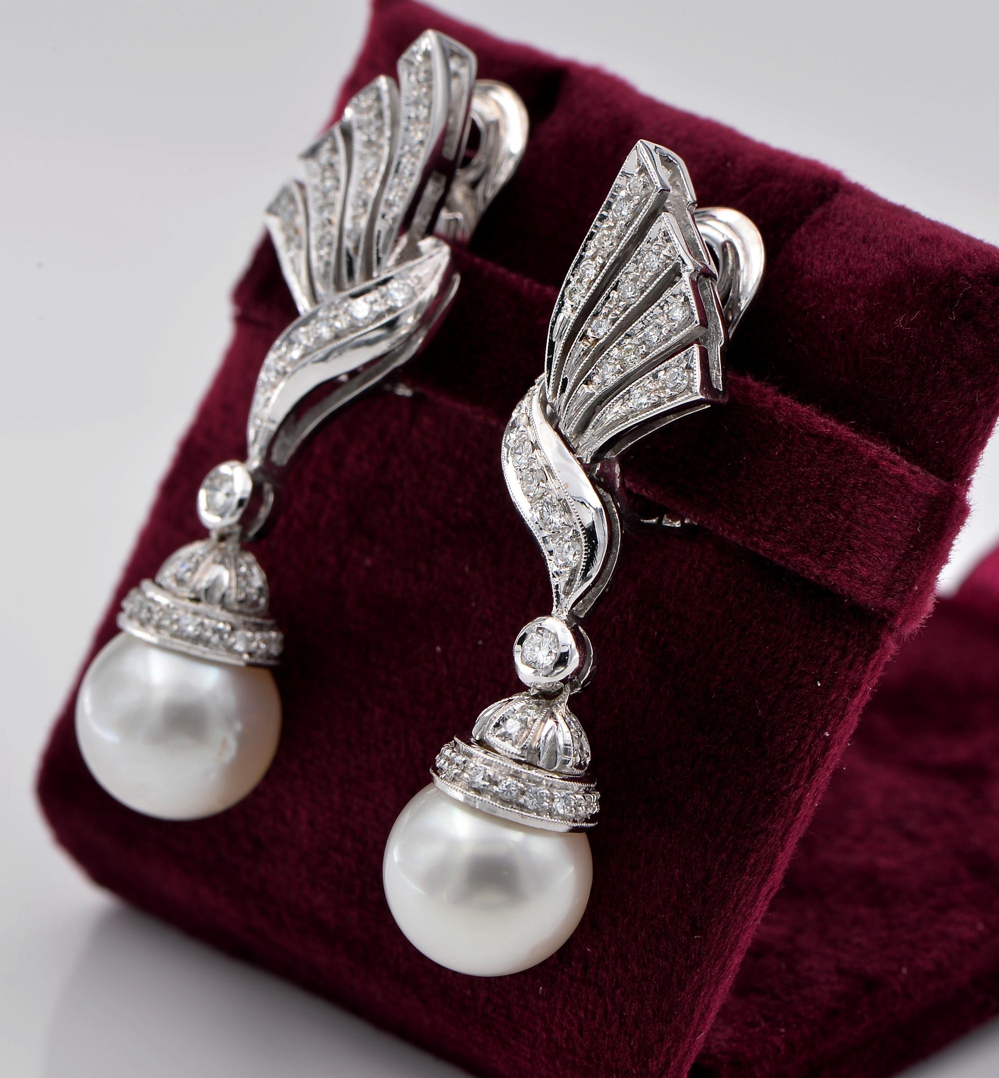 Women's 11.5 mm Pearl 2.40 Ct Diamond Bow Design Earrings For Sale