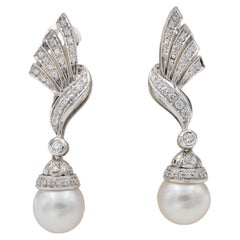 Vintage 11.5 mm Pearl 2.40 Ct Diamond Bow Design Earrings