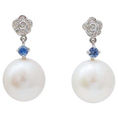 11,5 mm Perlen, Saphire, Diamanten, Platin-Ohrringe.